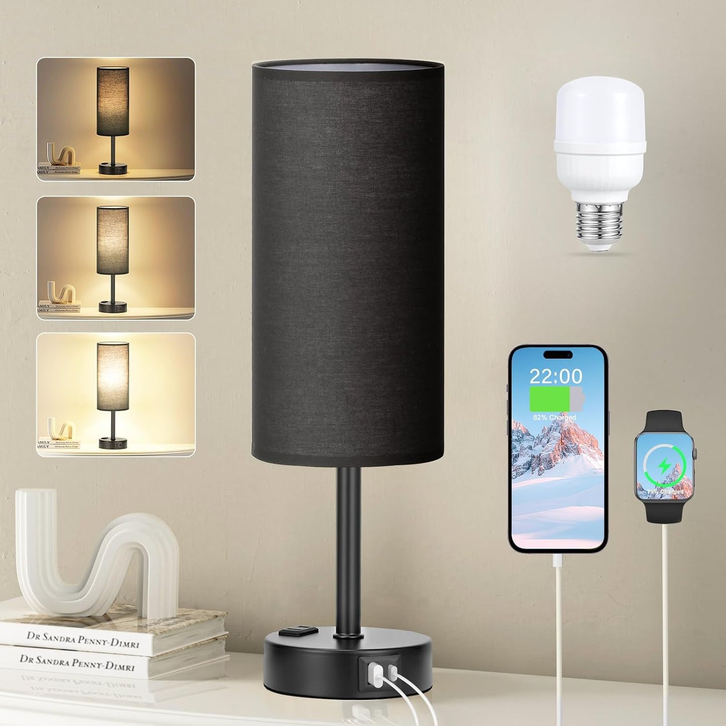 Fenmzee Black Bedside Lamp for Bedroom, Dimmable Touch, USB A+C, AC Outlet