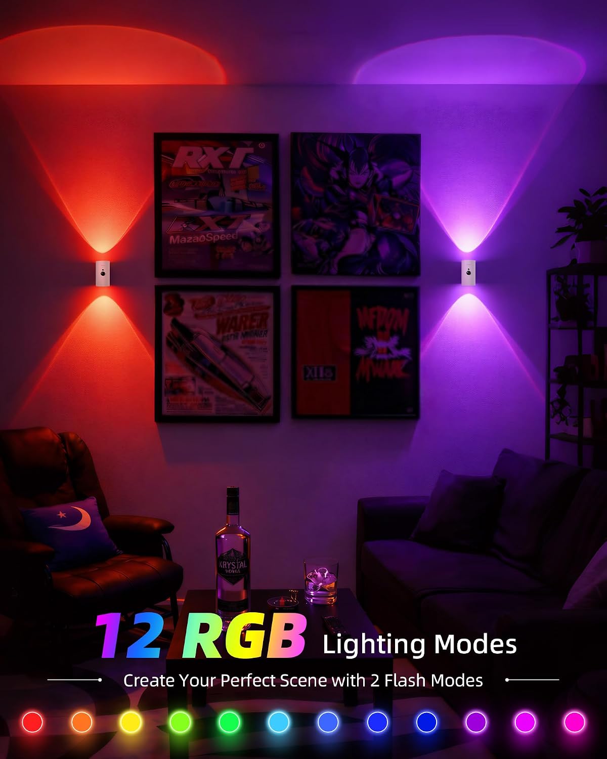 EZVALO Battery Operated Wall Sconce with Motion Sensor, 4000mAh Rechargeable Wall Light, 3 Color Temperatures & 12 RGB