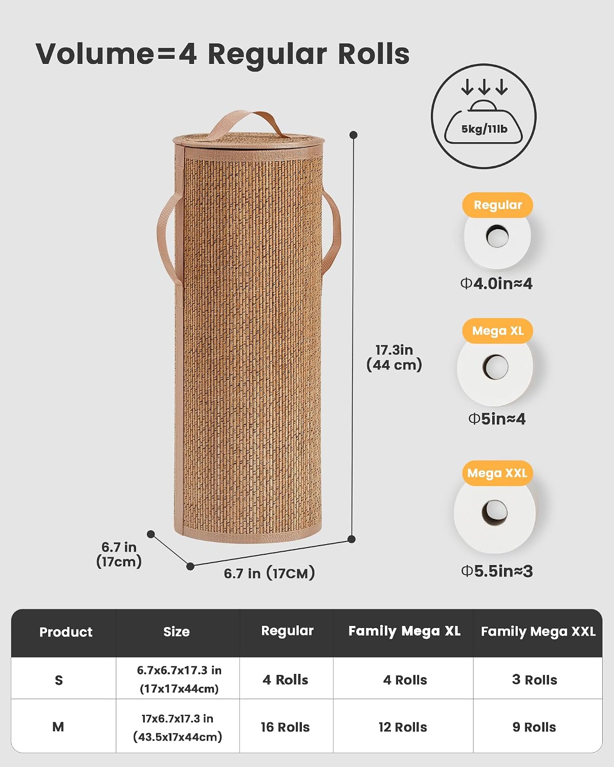 Bamboo Toilet Paper Storage Basket with Lid & Handle - 10L Handwoven Bathroom Organizer for 4 Rolls - Sturdy Stand