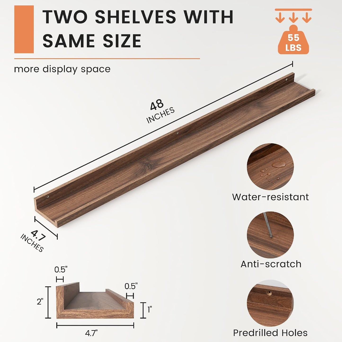 Picture Ledge Shelf, Floating Shelves for Wall, 48" W Set of 2, Walnut | FSC Certified Engineered Wood, Wall Mounted