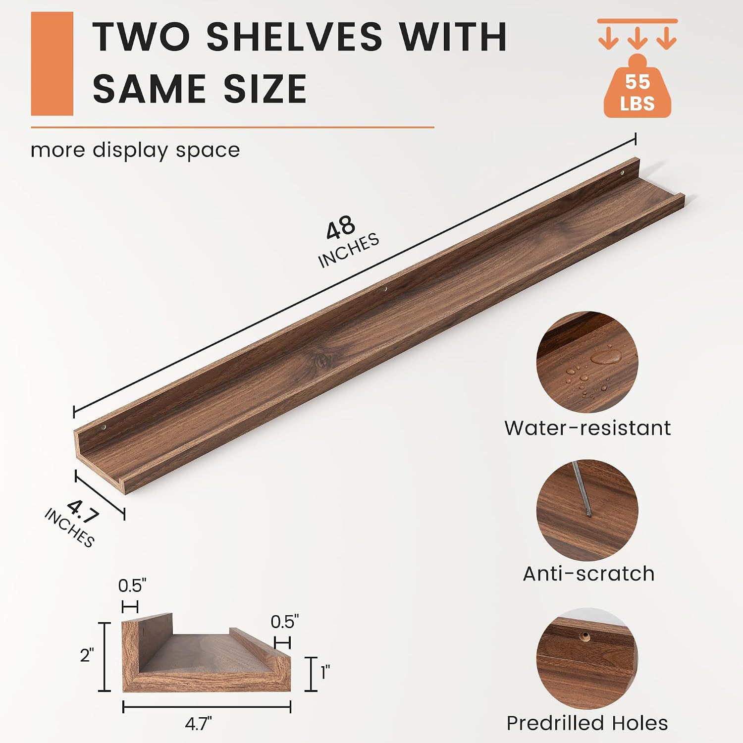 Picture Ledge Shelf, Floating Shelves for Wall, 48" W Set of 2, Walnut | FSC Certified Engineered Wood, Wall Mounted