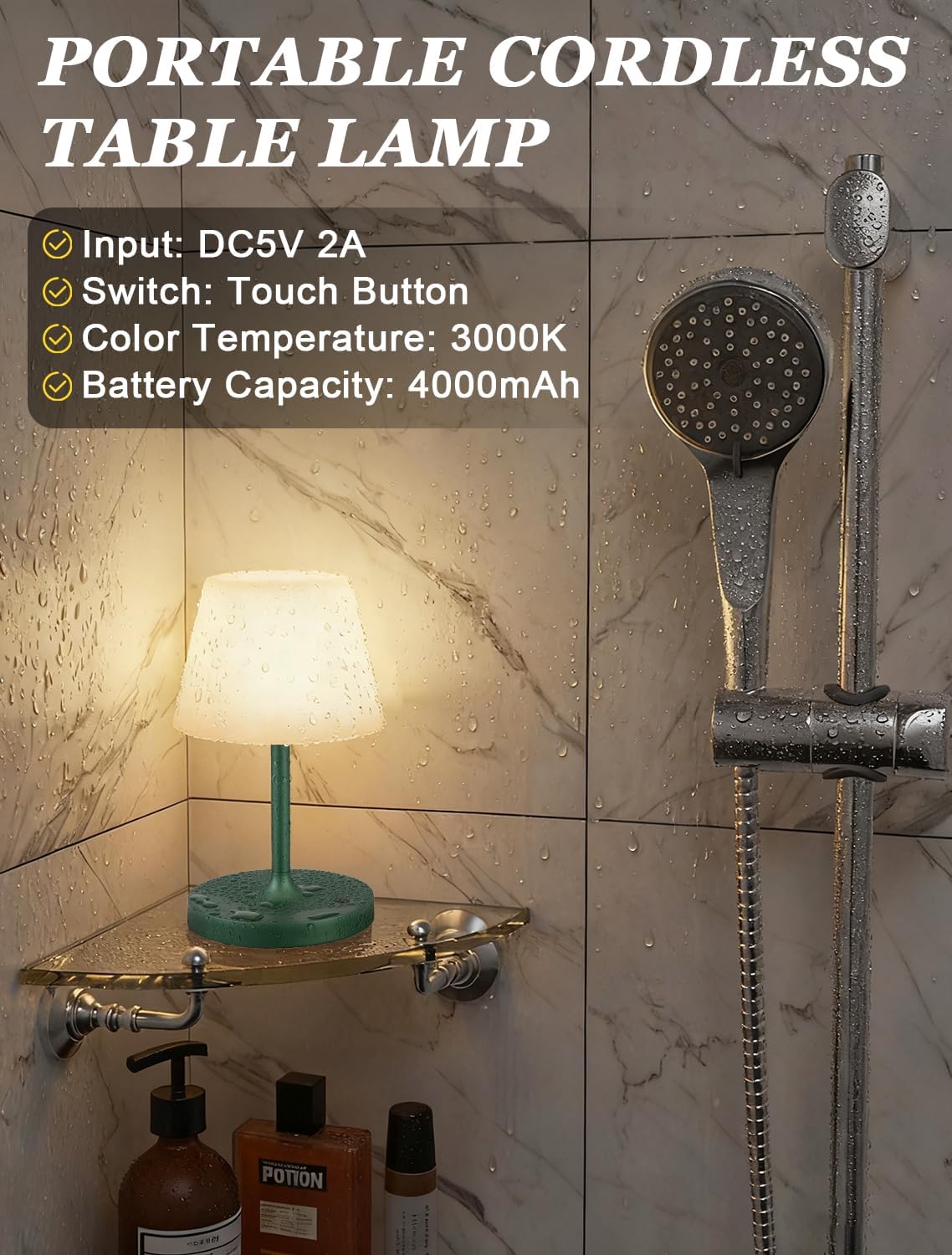 Kakanuo Green Cordless Shower Lamp Waterproof, Rechargeable Cordless Lamp with 4000mAh Battery, Touch Dimmable Table