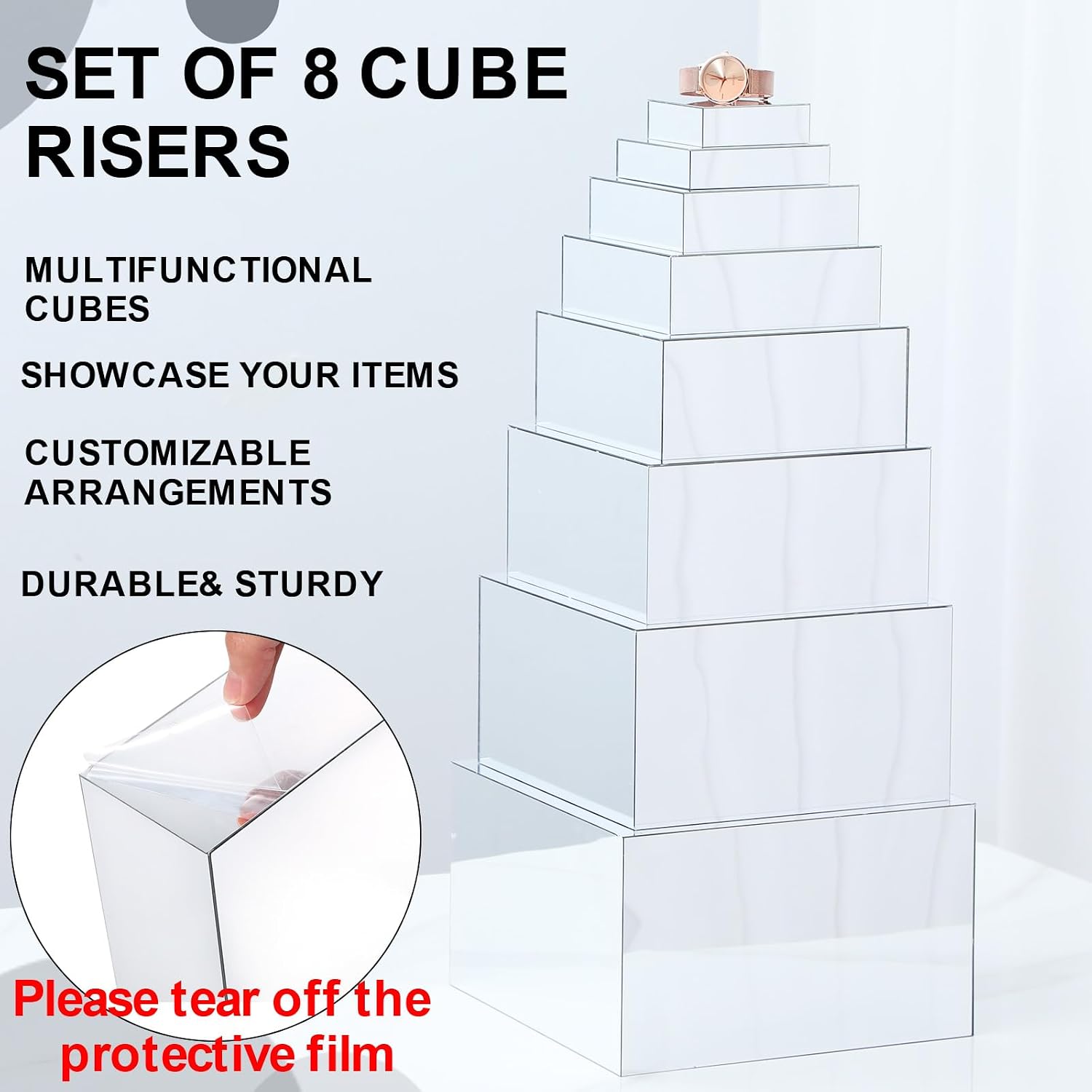 8 Pack Acrylic Buffet Display Risers for Food Jewelry,Silver,Flat | 3-10 Inch Cube Boxes with Hollow Bottoms, Clear