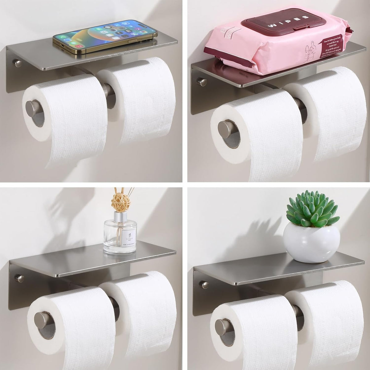 Toilet Paper Holder - Double Rolls Toilet Tissue Holder with Phone Shelf for Bathroom - TP Roll Holder with Wipes