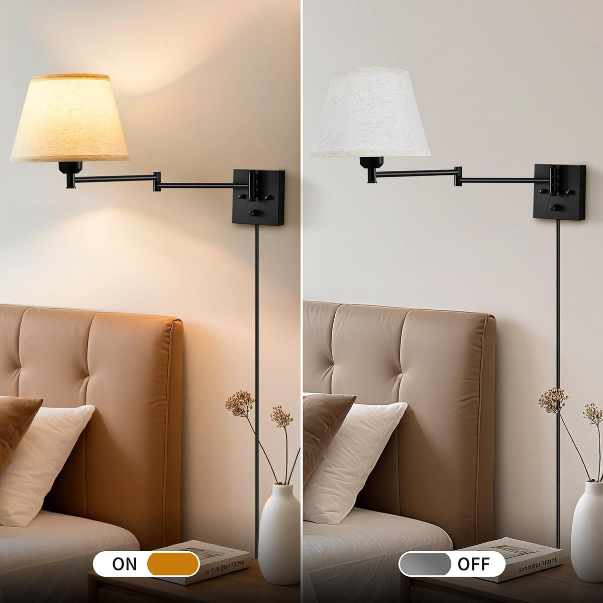 Wall Sconces Set of 2, Dimmable Wall Sconce, Plug in Wall Lights, E26 Based | Wall Lamp with Fabric Shade & Adjustable