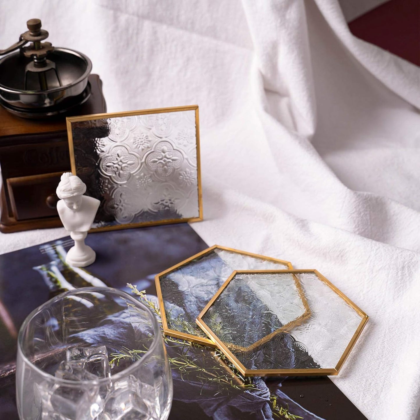 Glass Coasters for Drinks / Square and Hexagonal / Gold / Set of 6