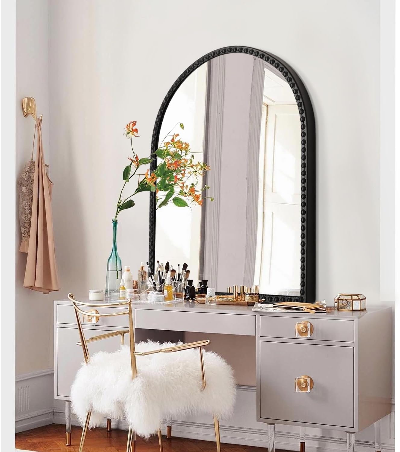 Arched Wall Mirror Metal Beaded Frame Bathroom Mirror for LivingRoom / 30"L x 20"W / Black / 30 x 20