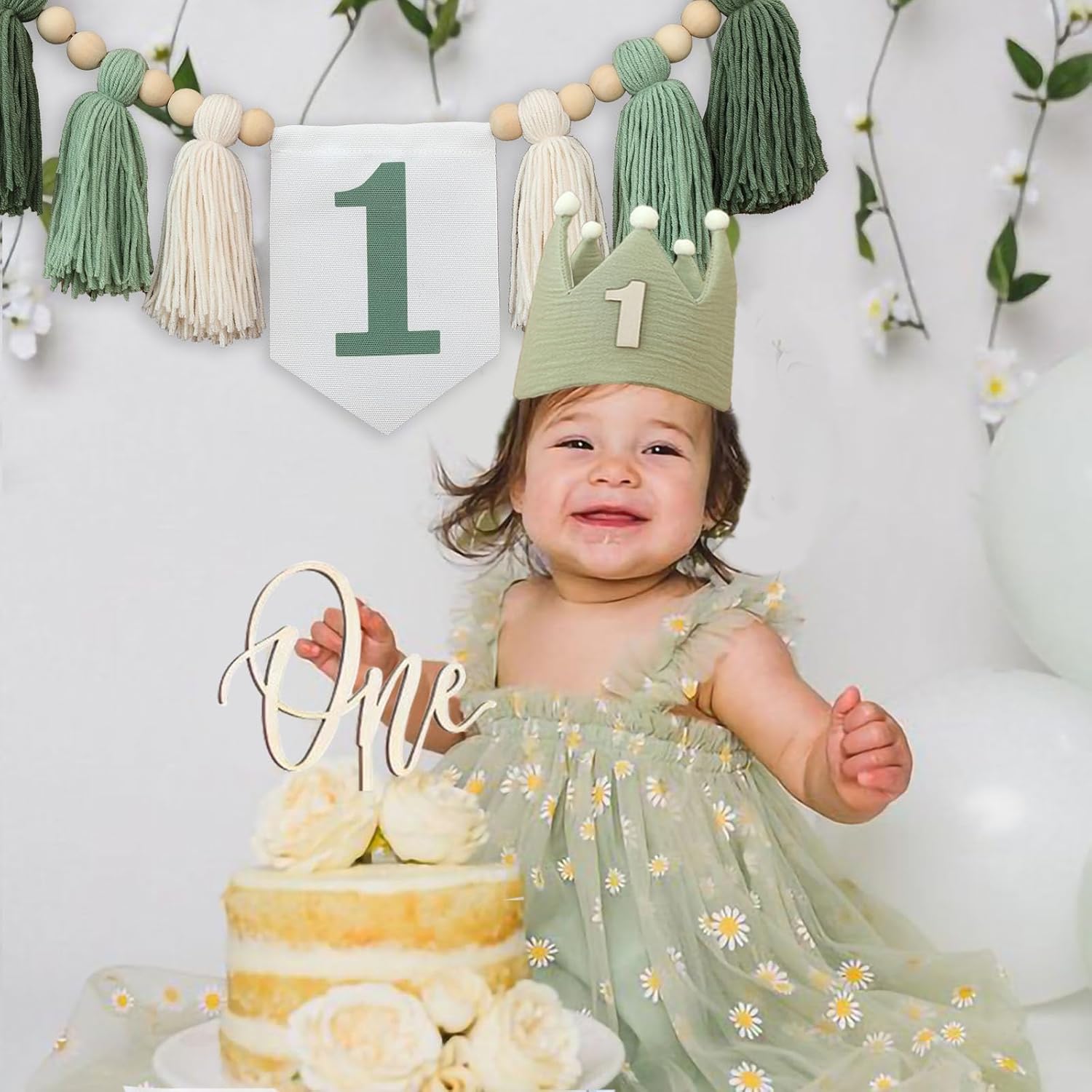 Wood Bead Tassel Garland Crown Hat Wooden Cake / Green