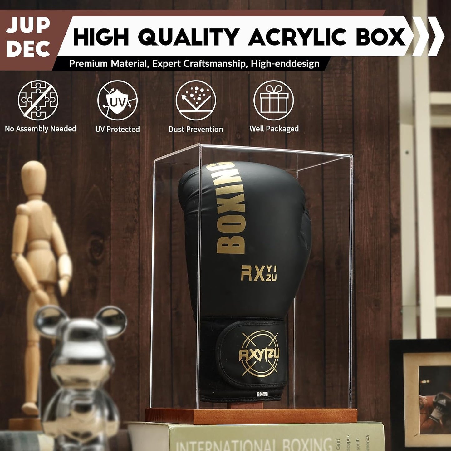 Boxing Glove Display Case, Clear Acrylic Showcase with Wood Base & Plank for Single Glove, Full Size UV Protection
