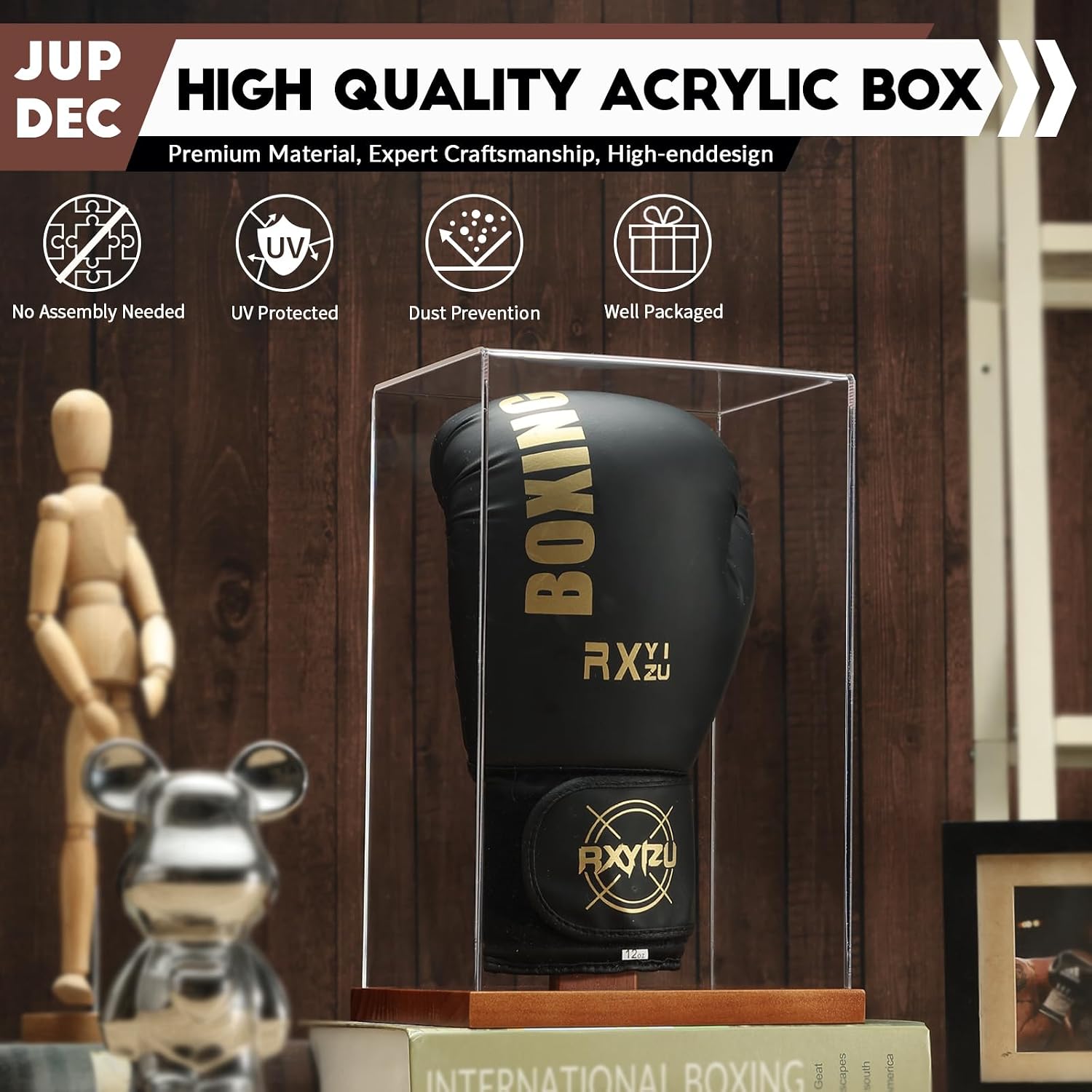 Boxing Glove Display Case, Clear Acrylic Showcase with Wood Base & Plank for Single Glove, Full Size UV Protection
