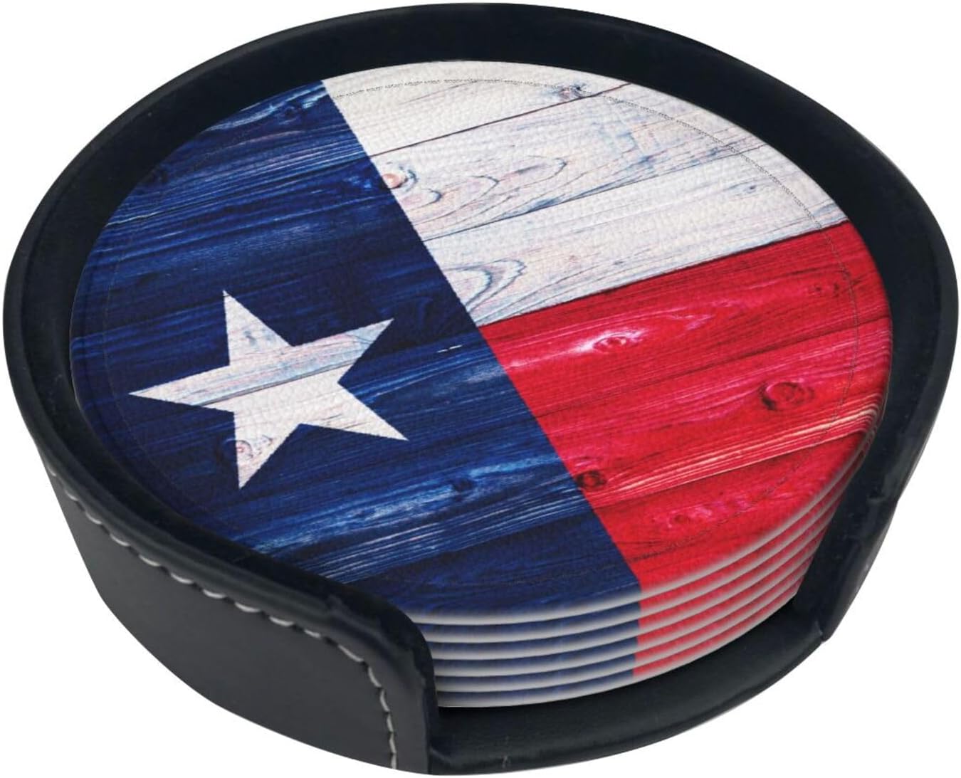 Holder / Leather Drinks Coasters / Texas Flag Wooden / Set of 6