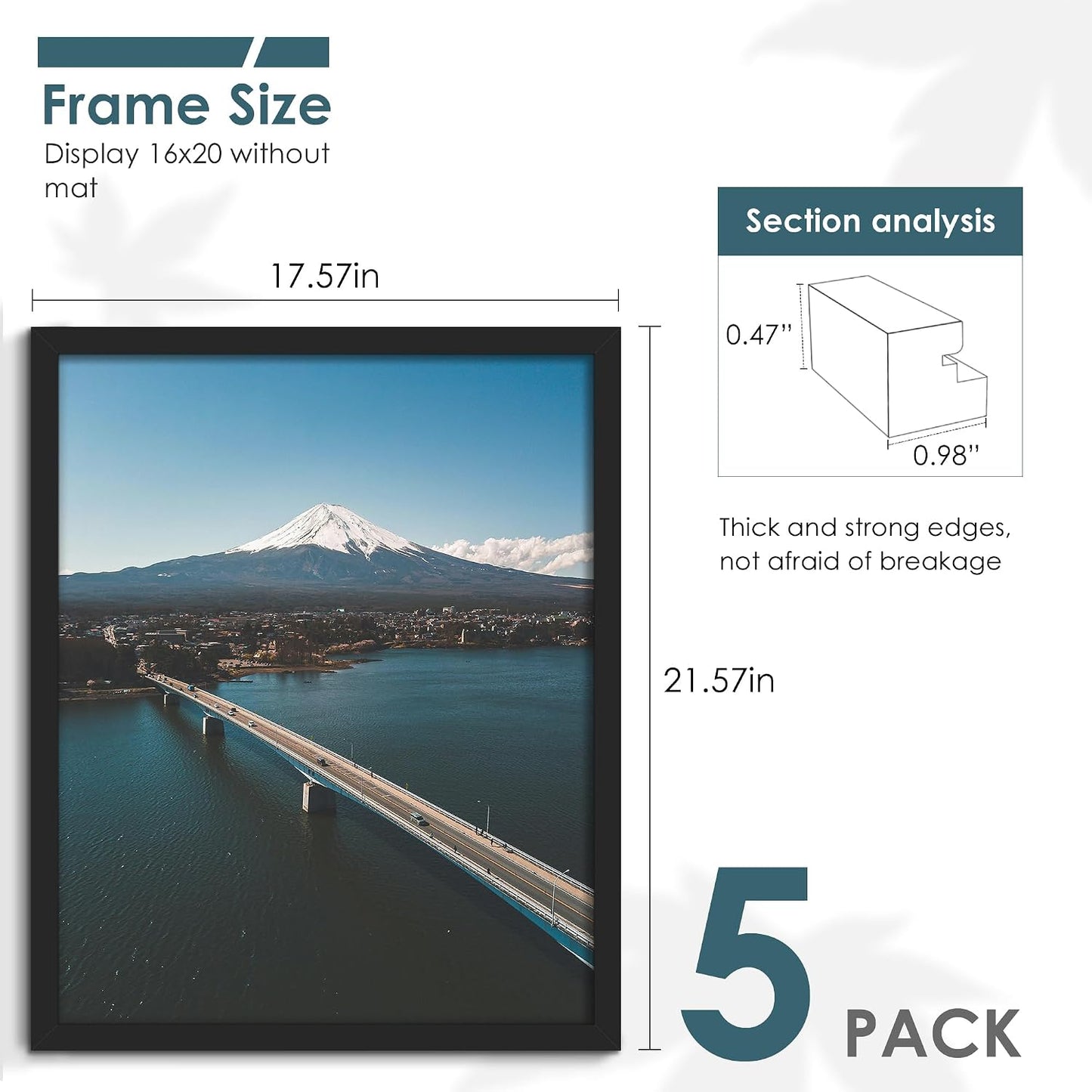 16x20 Picture Frames 5 Pack, Black for Wall Mounting | Horizontal or Vertical Poster Frames 16x20, for Photos, Artwork;