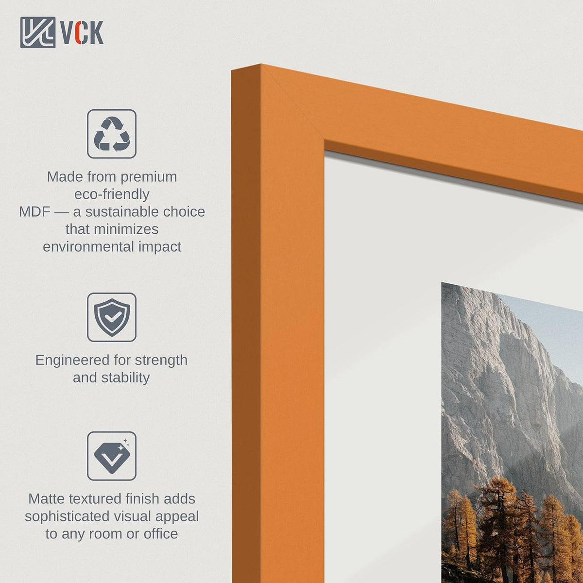 VCK 8x10 Picture Frame Set of 3 - Orange, Wide Border Solid Wood Frame, Display Pictures in Horizontal and Vertical