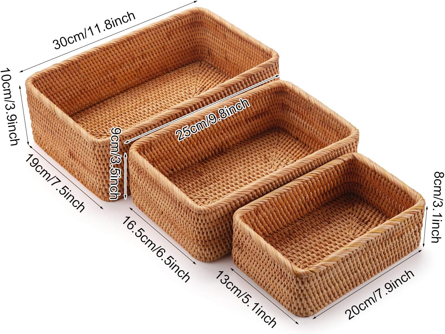 Rattan Fruit Storage Baskets Woven Wicker Box for Key Holder / Rectangular / Natural / Set of 3