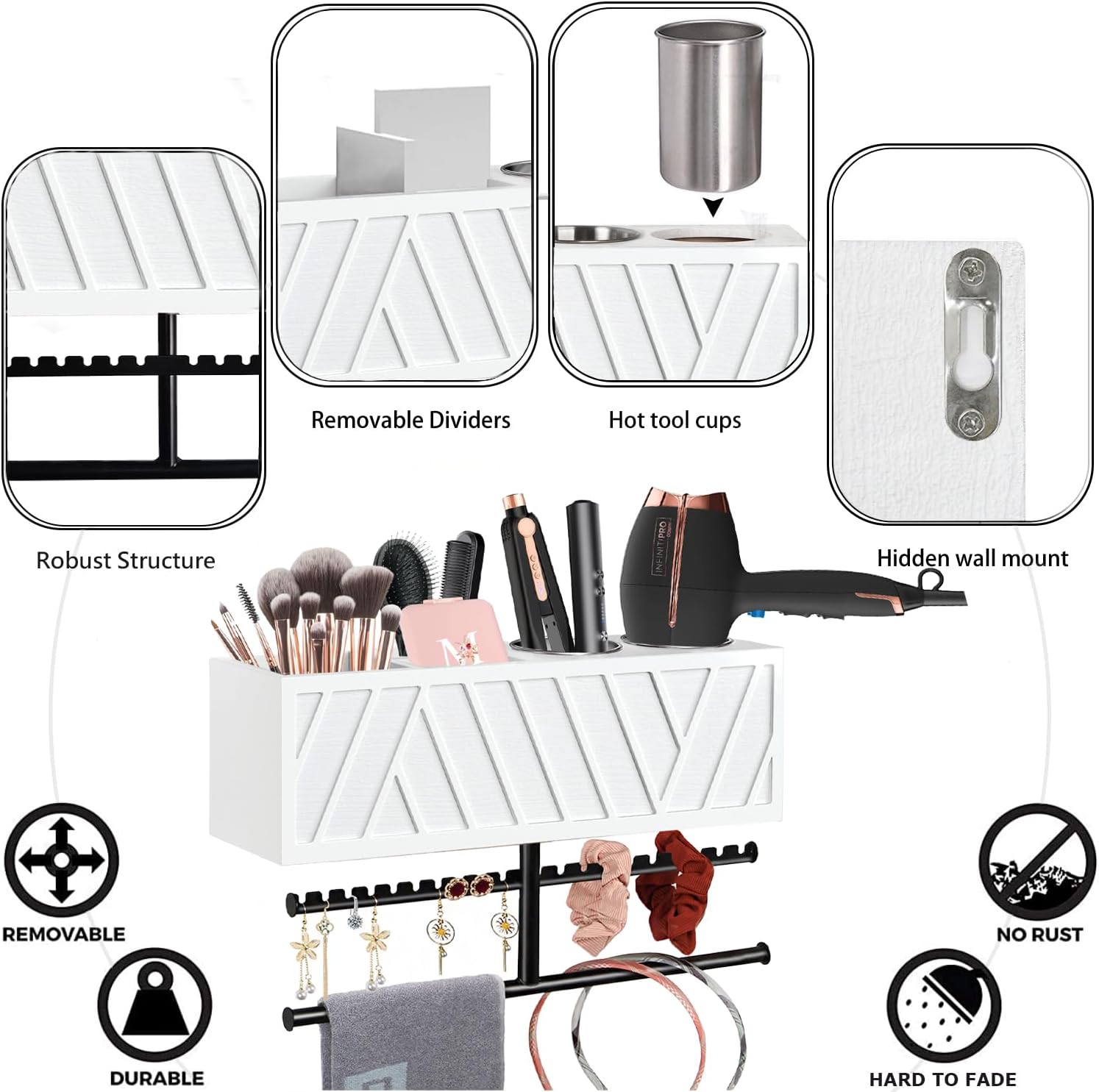 Rustic Hair Dryer Holder Wall Mounted,Hair Styling Tools & Accessories Organizer,Bathroom Supplies & hot Tools vanities