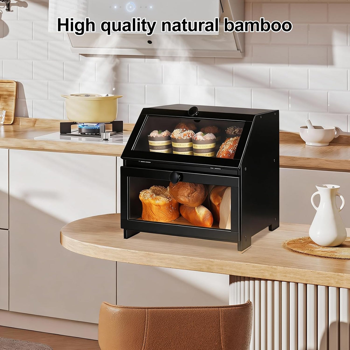 Bamboo Bread Box for Kitchen Countertop, Large Bread Storage Container Bin 2 Layer Breadbox Holder for Kitchen Counter