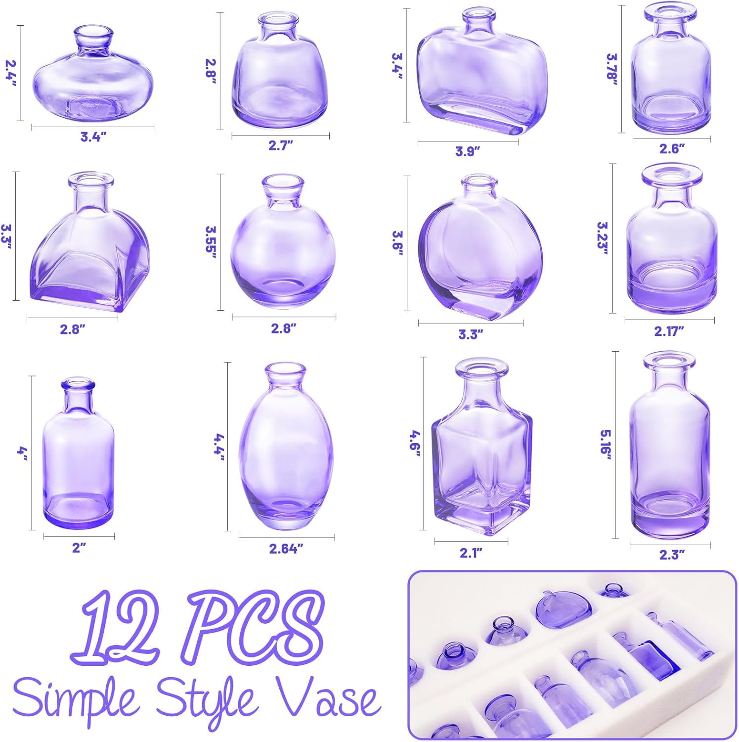 Glass Bud Vases / Purple / Set of 12