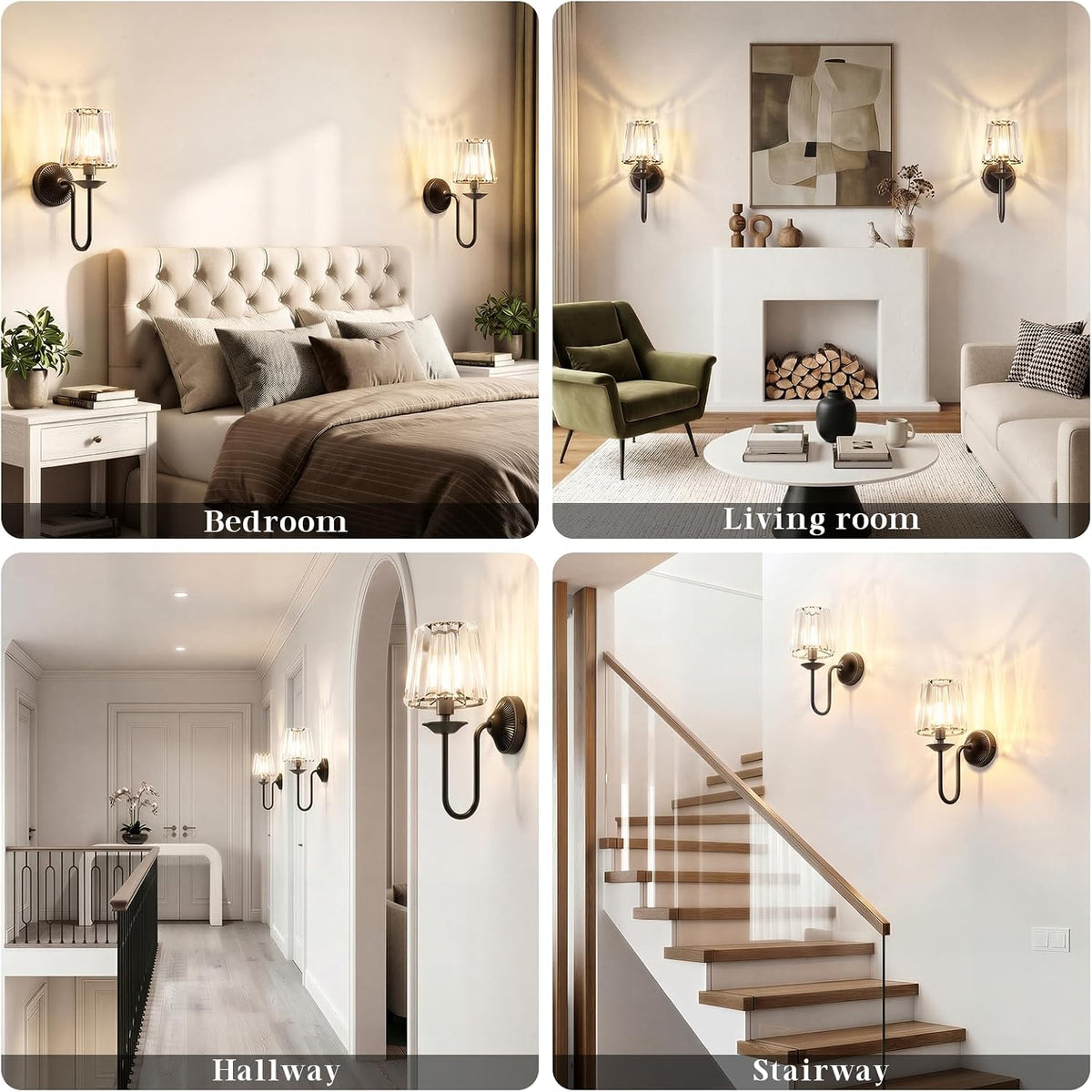 Black Battery Operated Wall Sconces Set of Two, Crystal Wireless Rechargeable Wall Lights with Remote, Dimmable 3 CCT