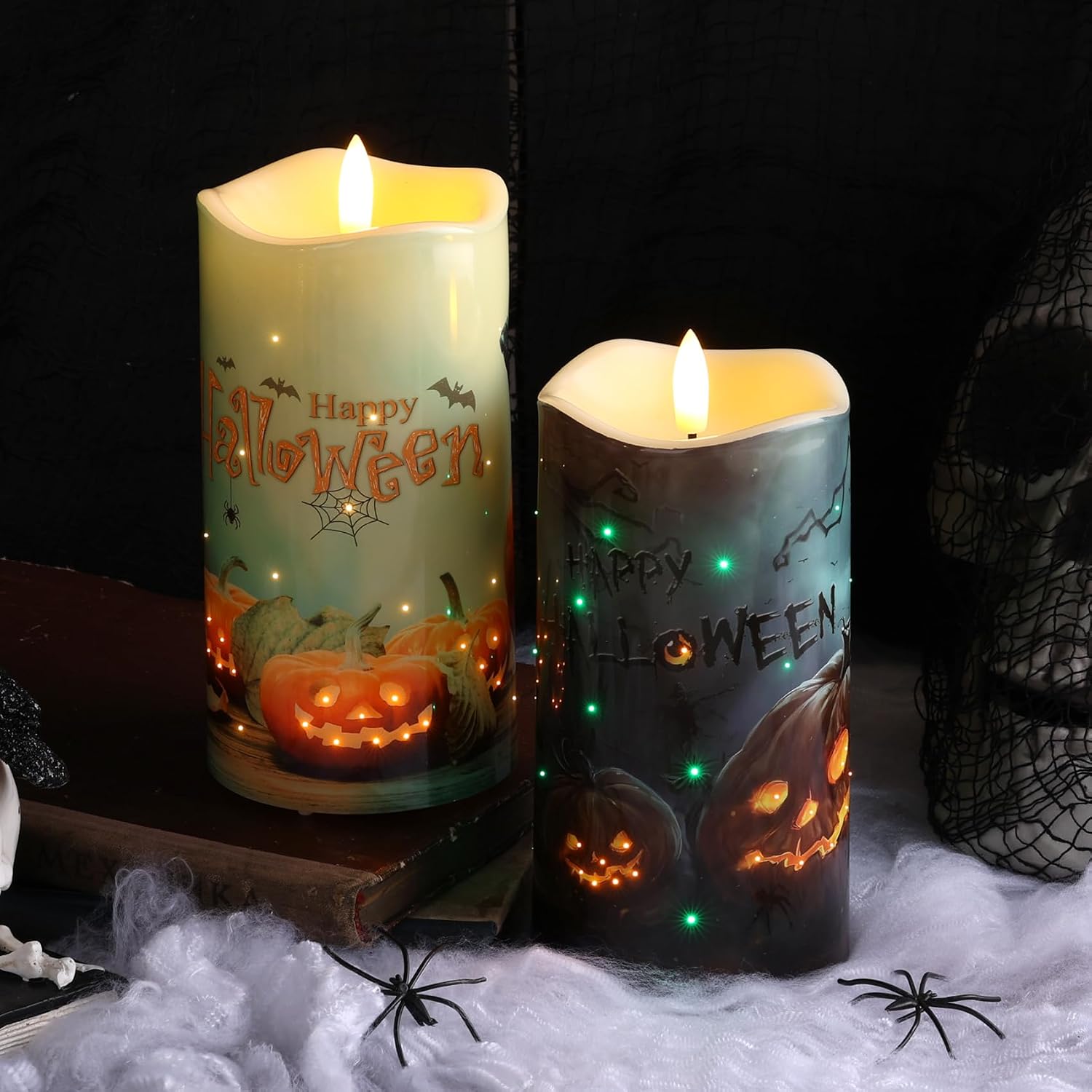 Halloween Pumpkin Fiber Optic Flameless Pillar Candles with Remote | Flickering Spooky LED Candles Set of 2, 3 AA