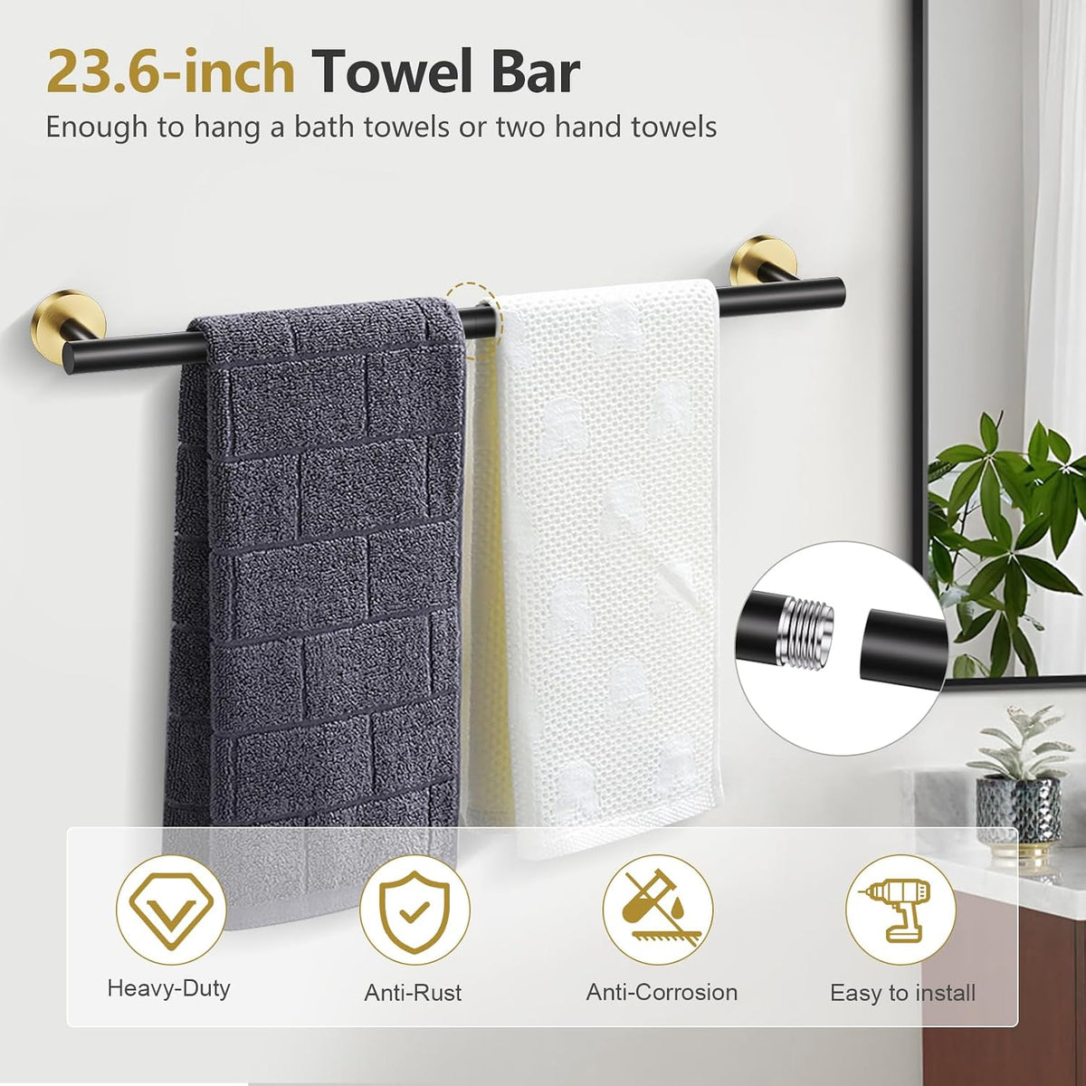 TQKAG 5 Piece Black and Gold Bathroom Accessories, Towel Racks for Bathroom | 23.6" Bathroom Hardware Set, SUS304