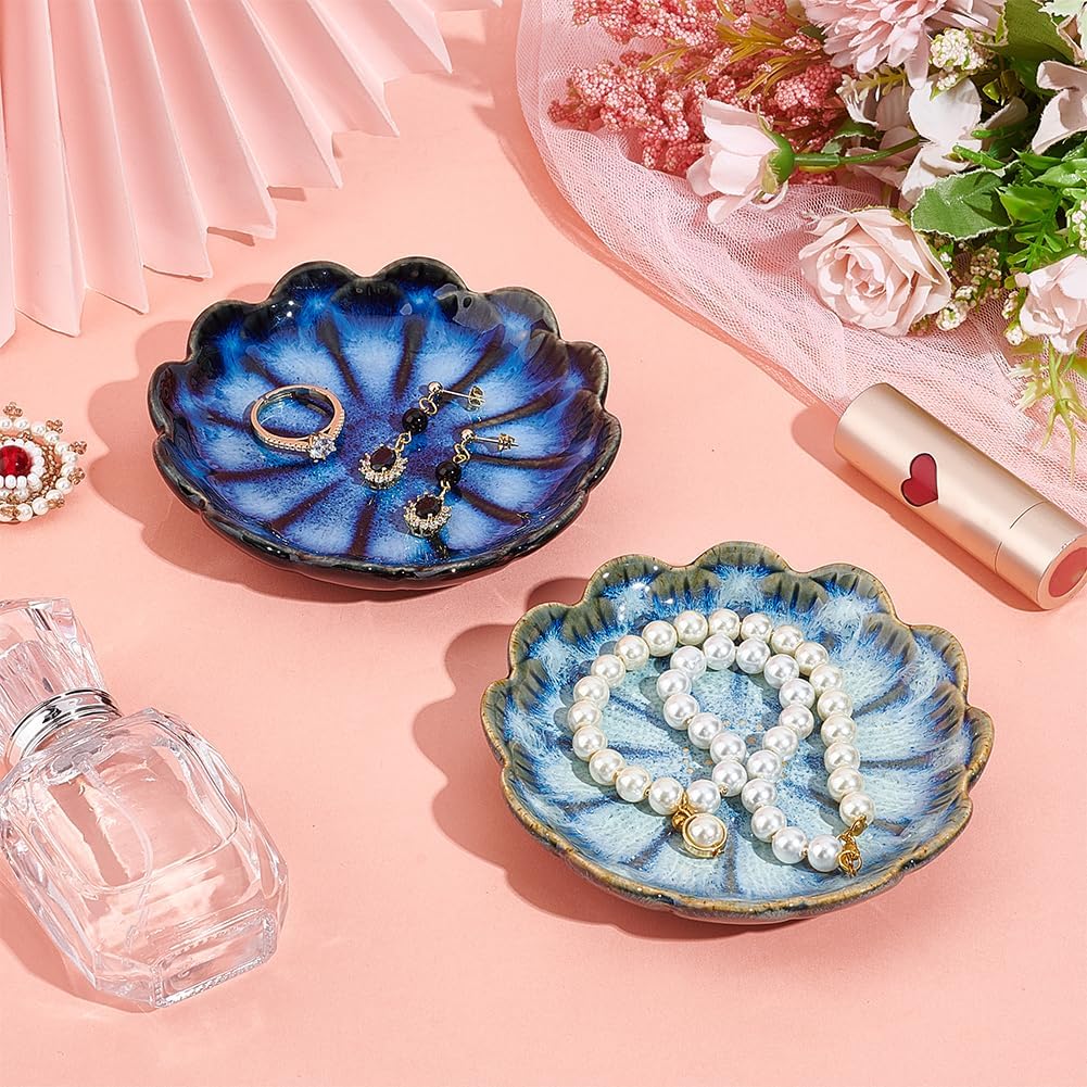 2 Color Ceramic Jewelry Tray / 2 Colors-blue Lotus Flower / Set of 2