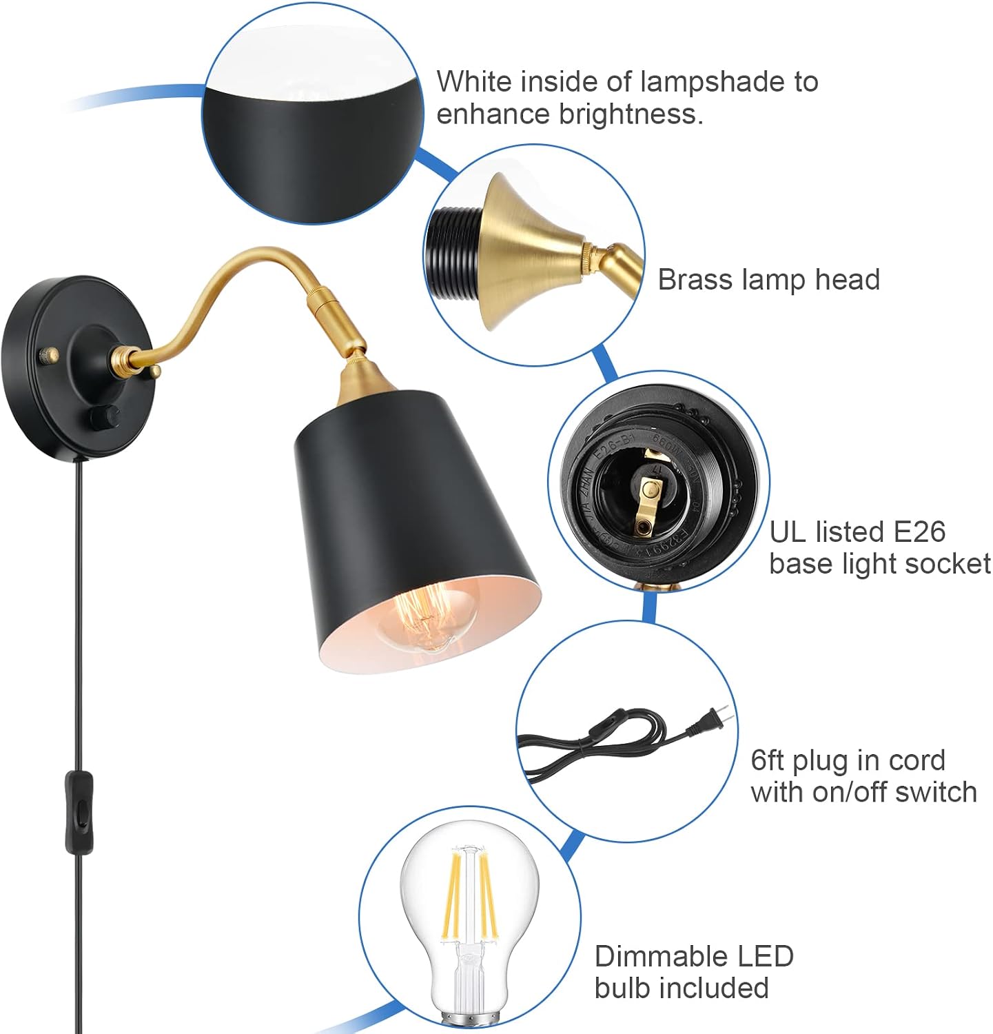 TRLIFE Wall Sconces Plug in, Dimmable Wall Lights with Plug in Cord Adjustable Lighting Angle Wall Mounted Light with