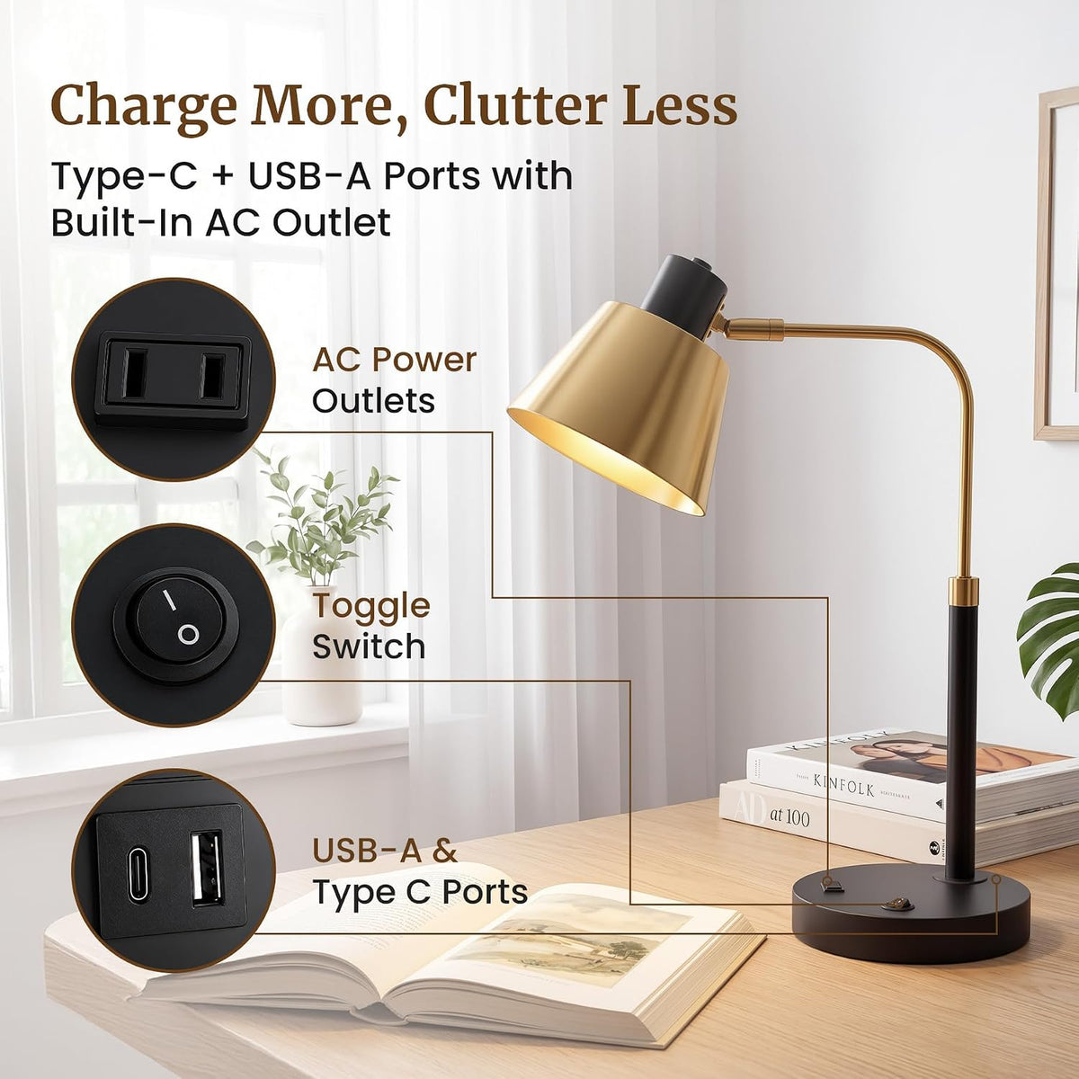 Desk Lamp with USB-C, USB-A and AC Outlet, Adjustable E26 Table Lamp for Home Office and Bedside Reading, Matte Black
