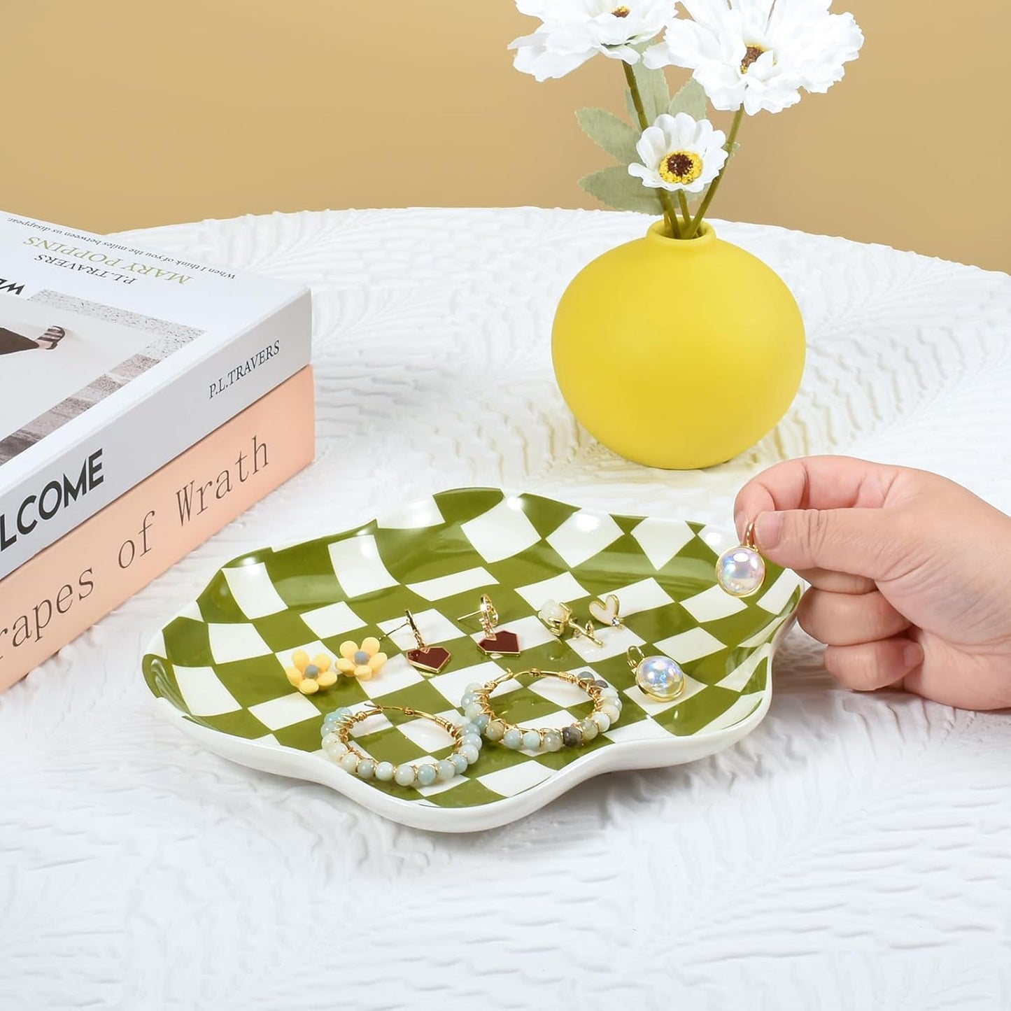 Ceramic Jewelry Dish Trinket Tray Organizer / Green Plaid