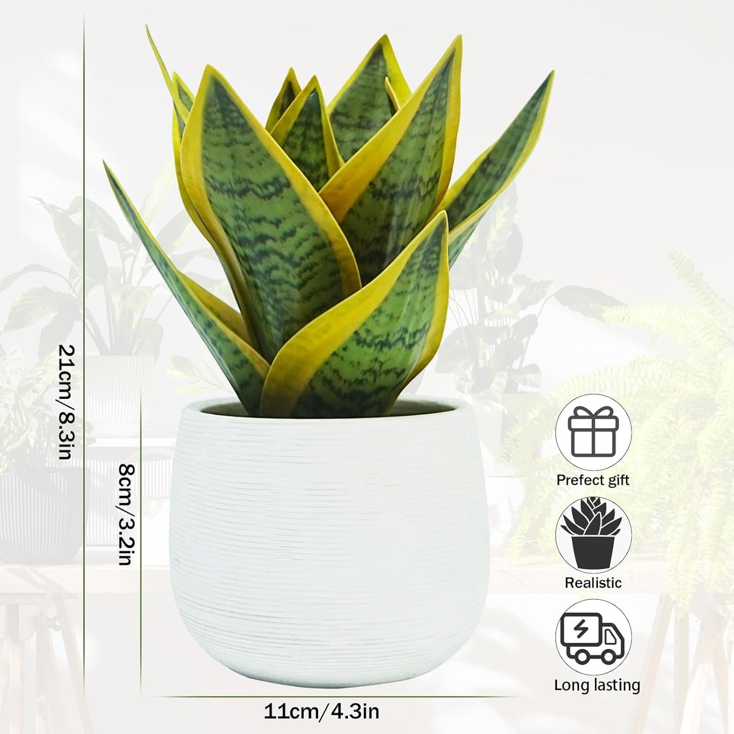 8" Fake Snake Plant & Faux Agave in Ceramic Pot / White