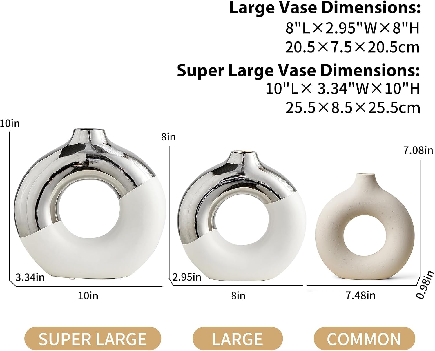 Ceramic Donut Vase / White & Silver / Large