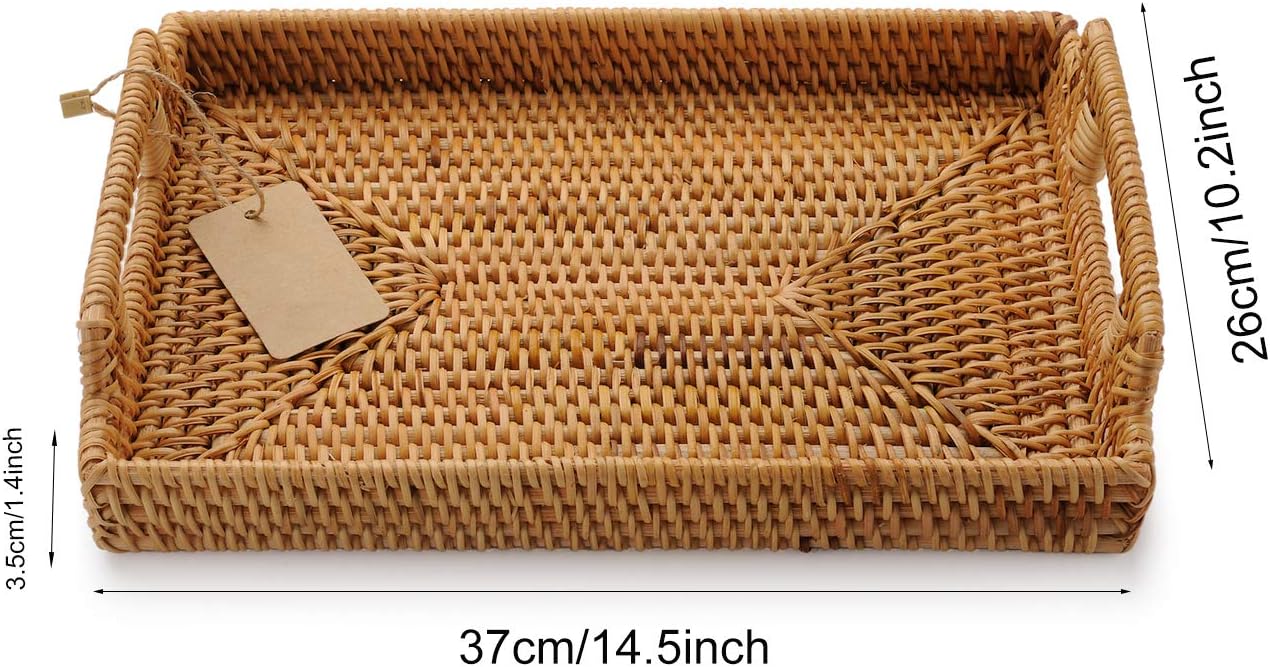 Hand-Woven Rattan Rectangular Serving Tray / 14.5 x 10.2 x 1.4