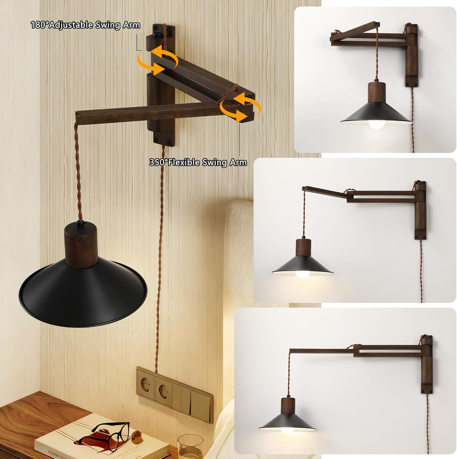 maesta Plug in Wall Lamp, Wood Swing Arm Wall Sconce for Bedroom | Swing Arm Wall Lamp, Natural Wood Finish with Corded