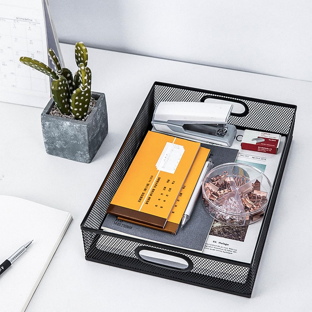 Elsjoy 2 Pack Desk Drawer Organizer Tray, Metal Mesh Desktop Storage Tray Office File Organizer with Handle, Portable