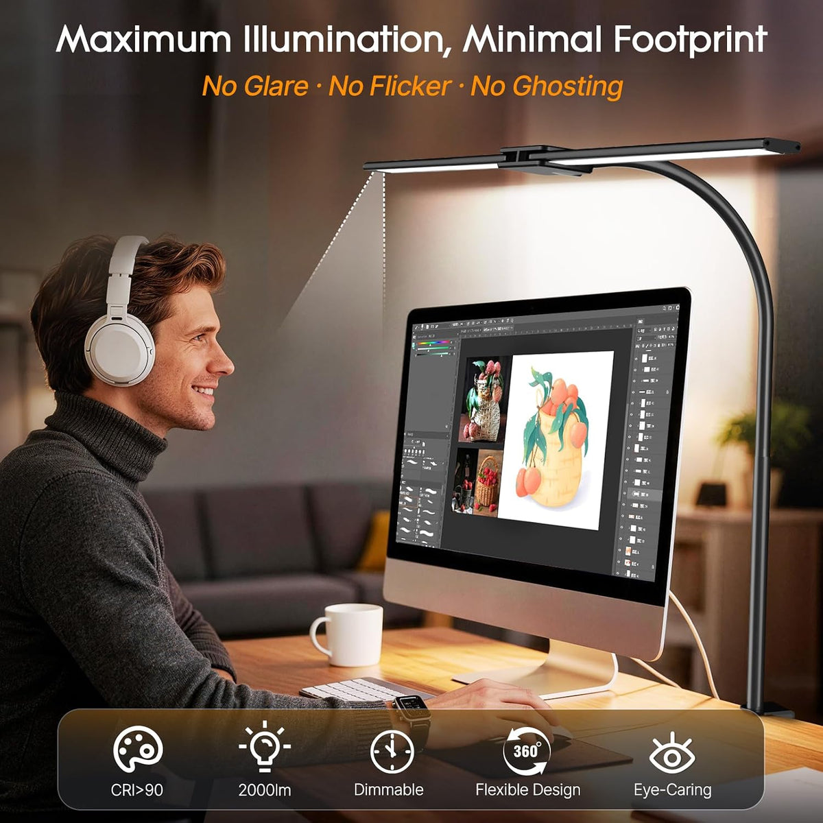 Syrinx LED Desk Lamp for Home Office, 18W 2000LM Dual Head Architect Lamp | Wide-Area Eye-Caring Lighting, Adjustable