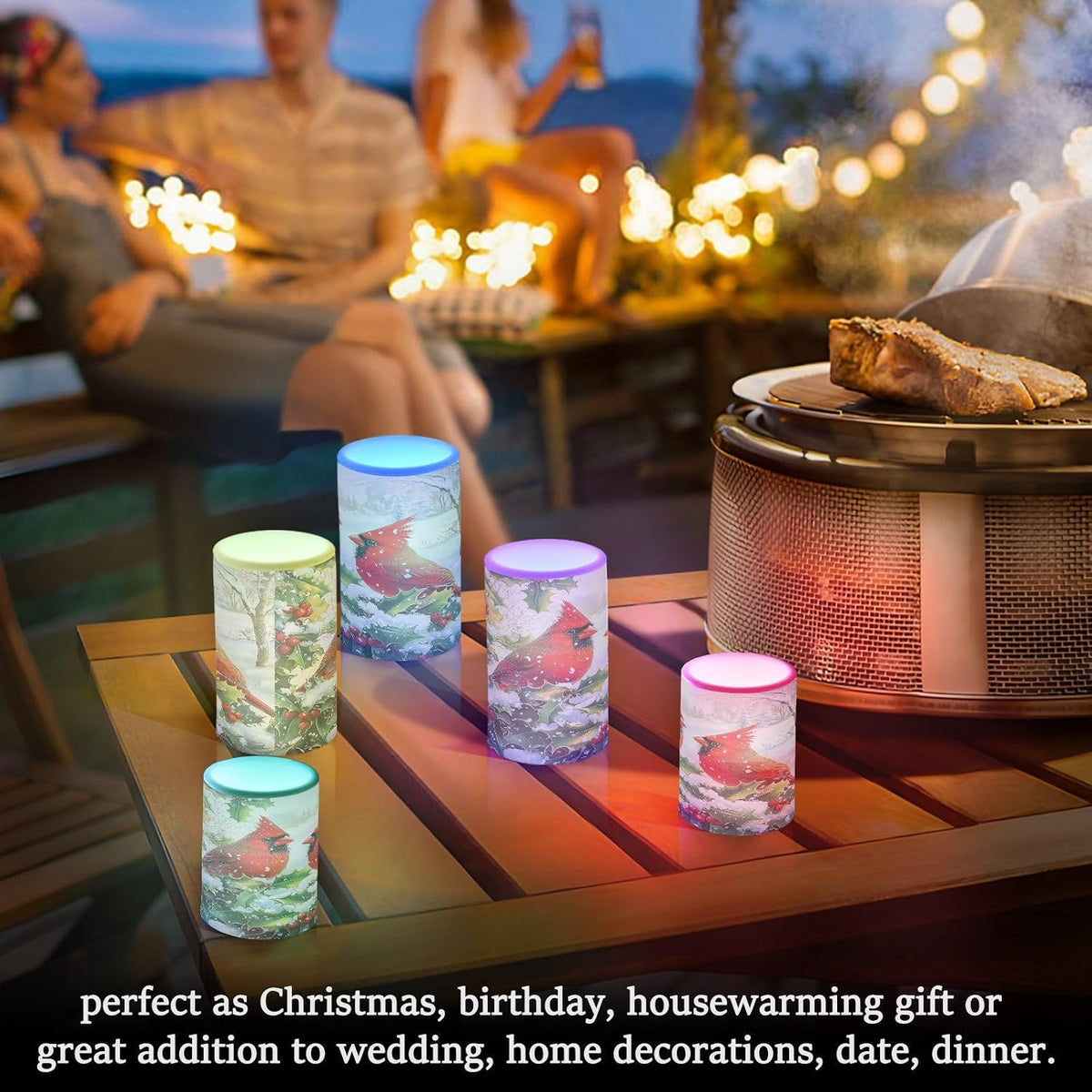 Flickering Flameless Candles, Red Cardinals Holly Christmas LED Candles with Remote Timer, Set of 2 Battery Operated