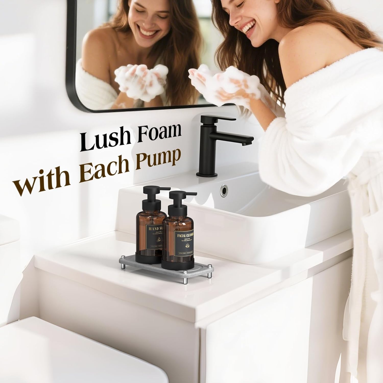 Luxspire 15oz Glass Foaming Soap Dispenser Set, Amber + Dark Gray, 2 Pack | Anti-drip pump, wide mouth easy refill