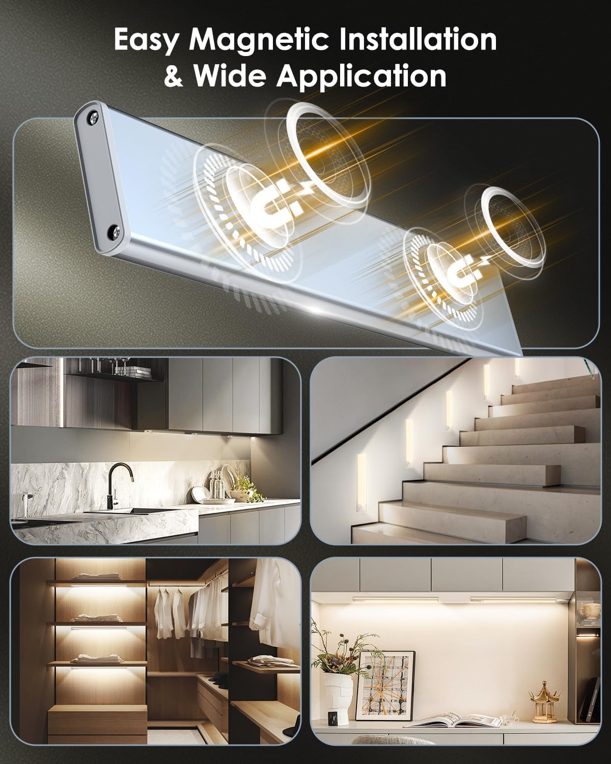 VerRon Under Cabinet Lighting, 10inch Motion Sensor Light Indoor, 5-Pack | Dimmable, 2200mAh Rechargeable, LED Closet