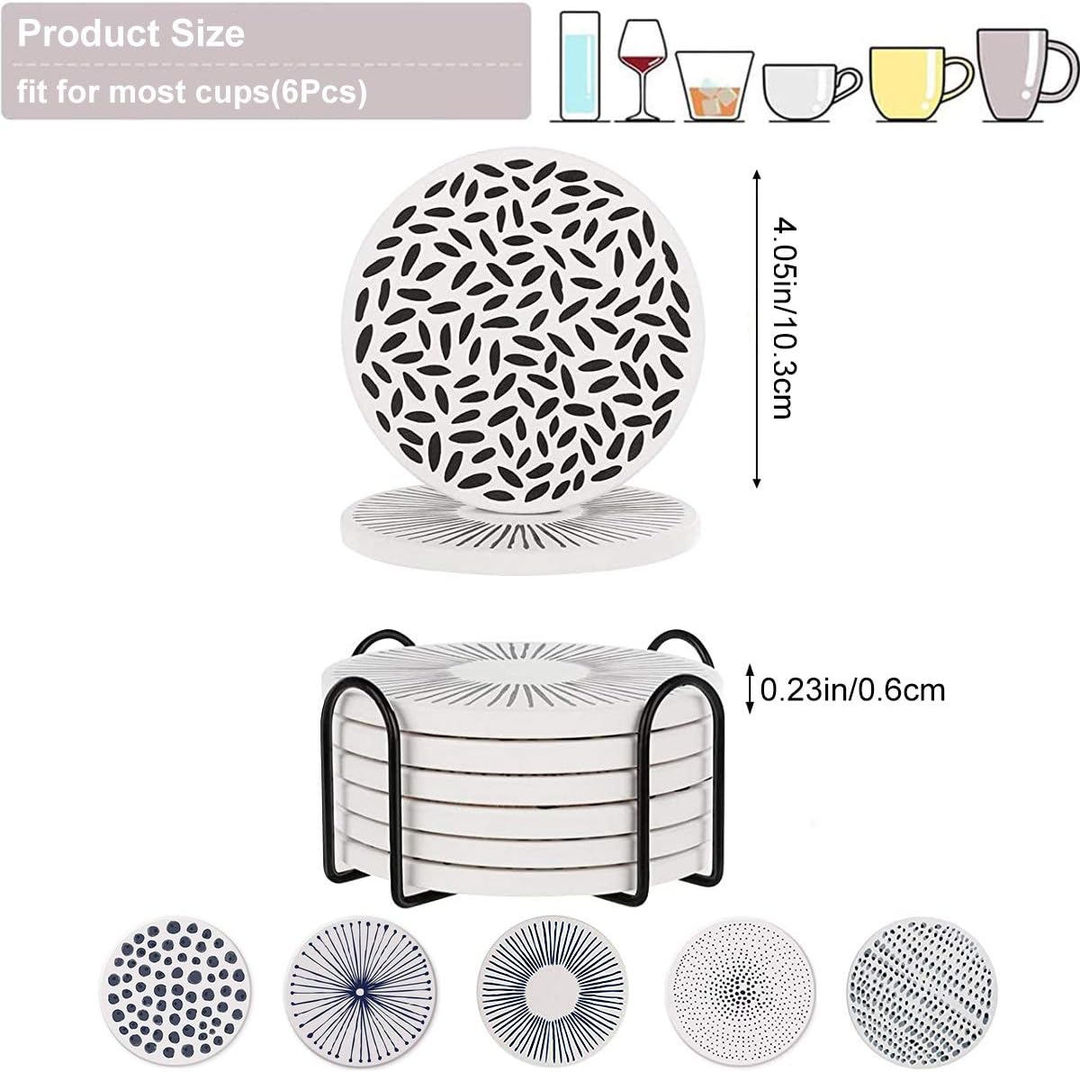 Holder Absorbent Ceramic Stone Coasters / White and Black / Set of 6