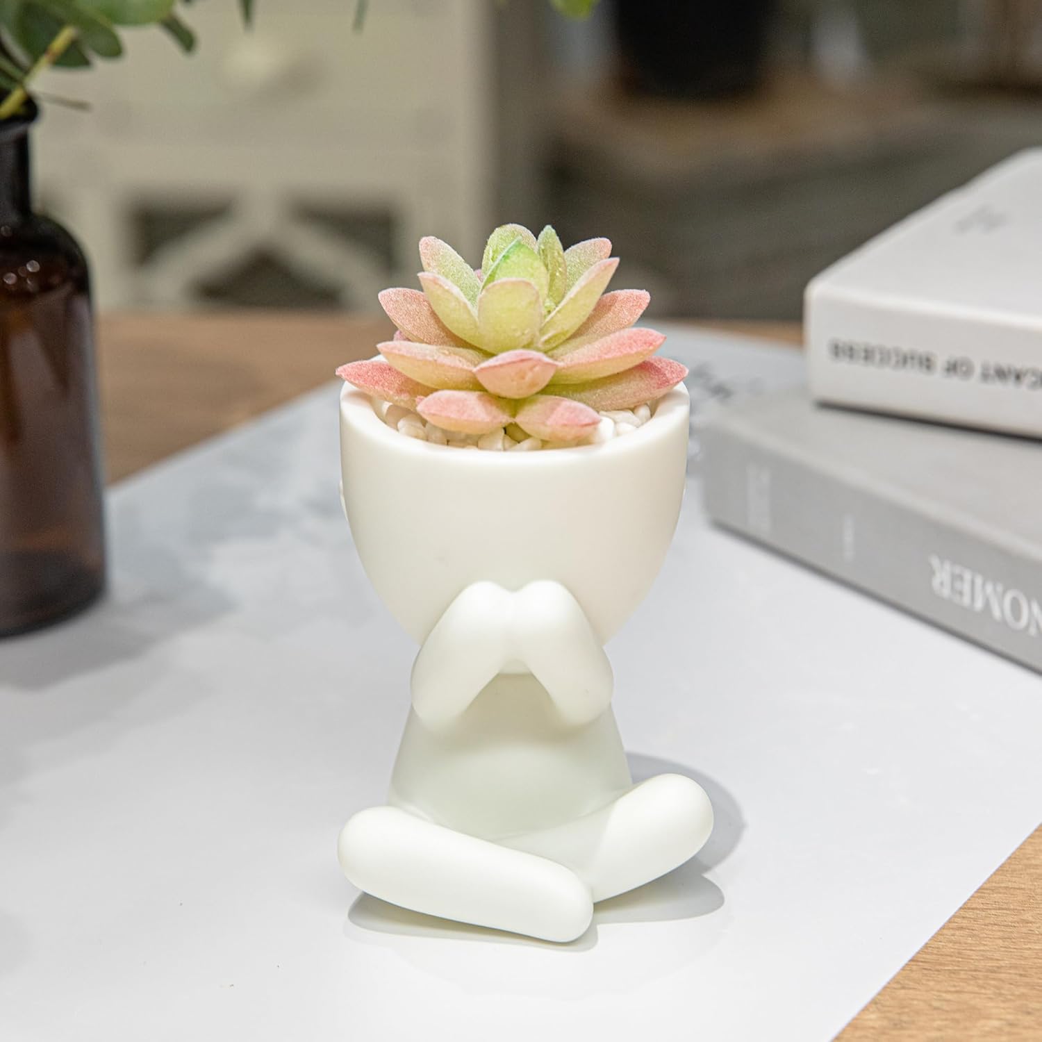Artificial Plant Office Decor for Women and Men / Set, White Pots Pink Plant / Set of 3