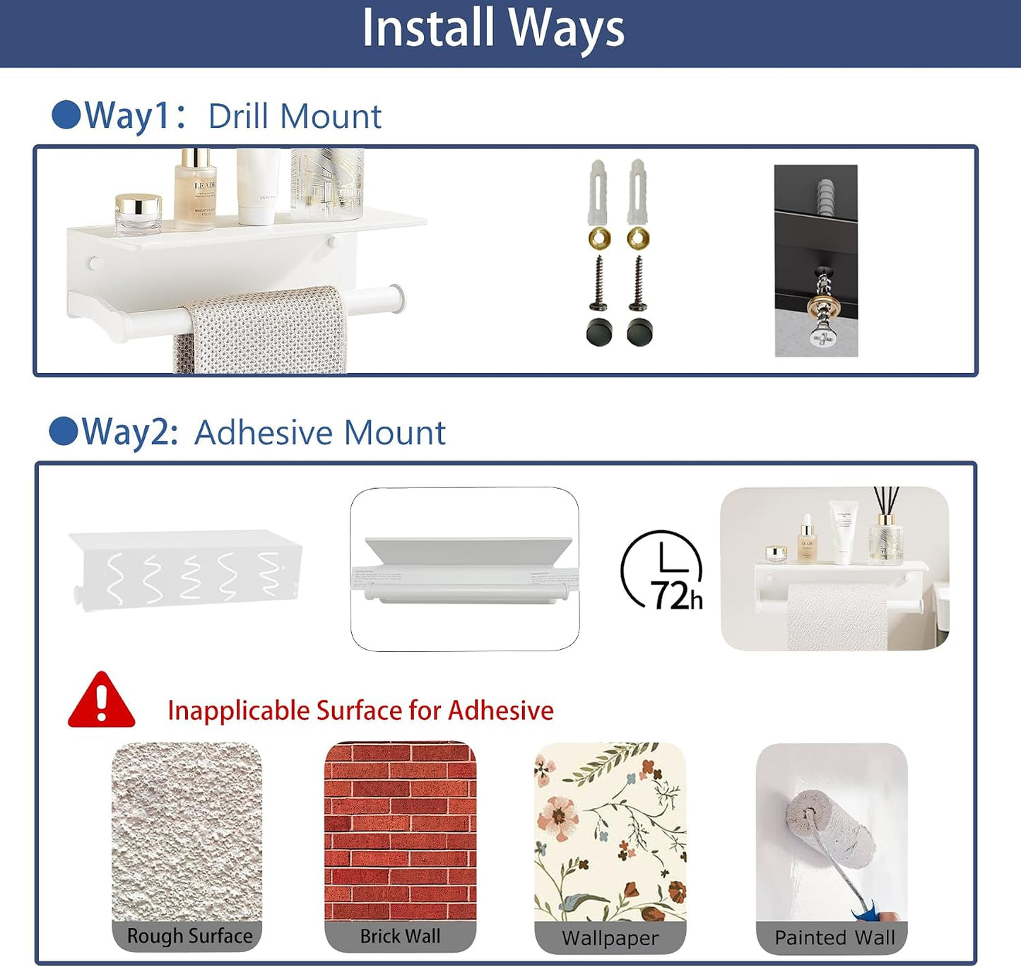White Paper Towel Holder Wall Mount with Thickened Shelf for Bathroom,Matte White Adhesive Hand Towel Holder,Bathroom