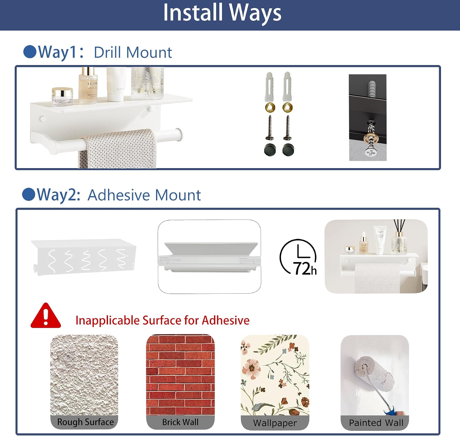 White Paper Towel Holder Wall Mount with Thickened Shelf for Bathroom,Matte White Adhesive Hand Towel Holder,Bathroom