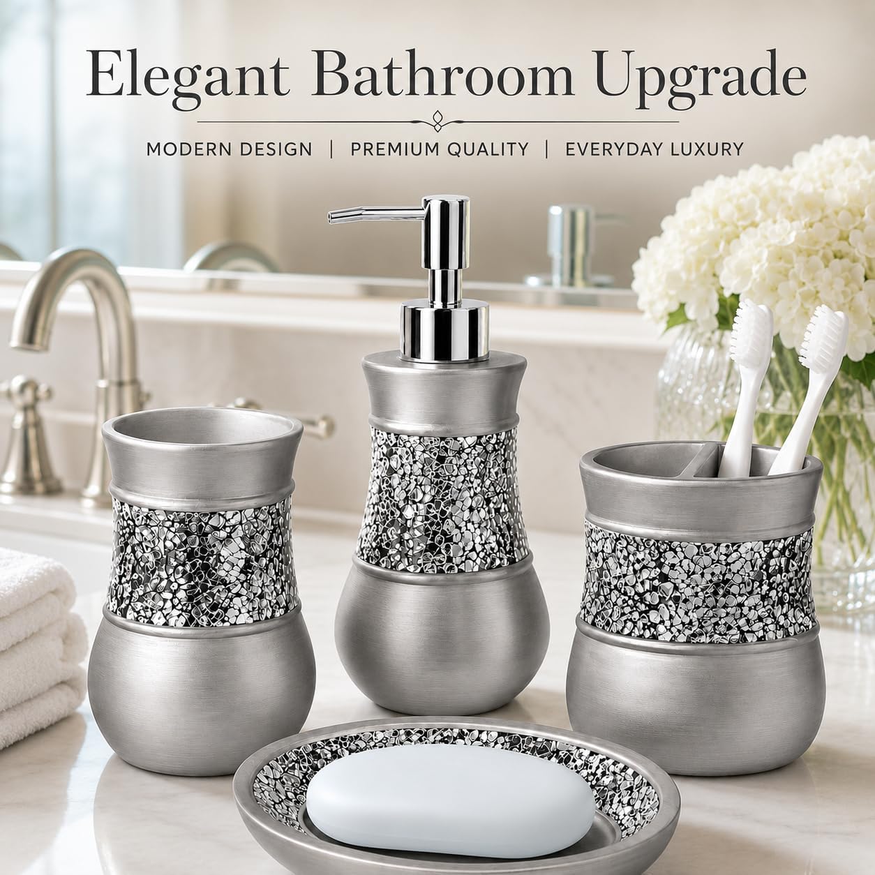 Creative Scents 4 Pc. Resin Bathroom Accessory Set | Silver Crackled Glass | Includes Soap Dispenser, Toothbrush