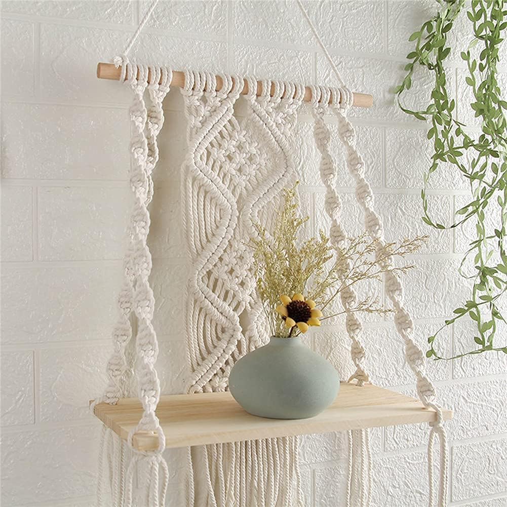 Macrame Wall Hanging Plant Decor Shelf Indoor Outdoor Floating Wood shelve Decorative Hand Made Rope