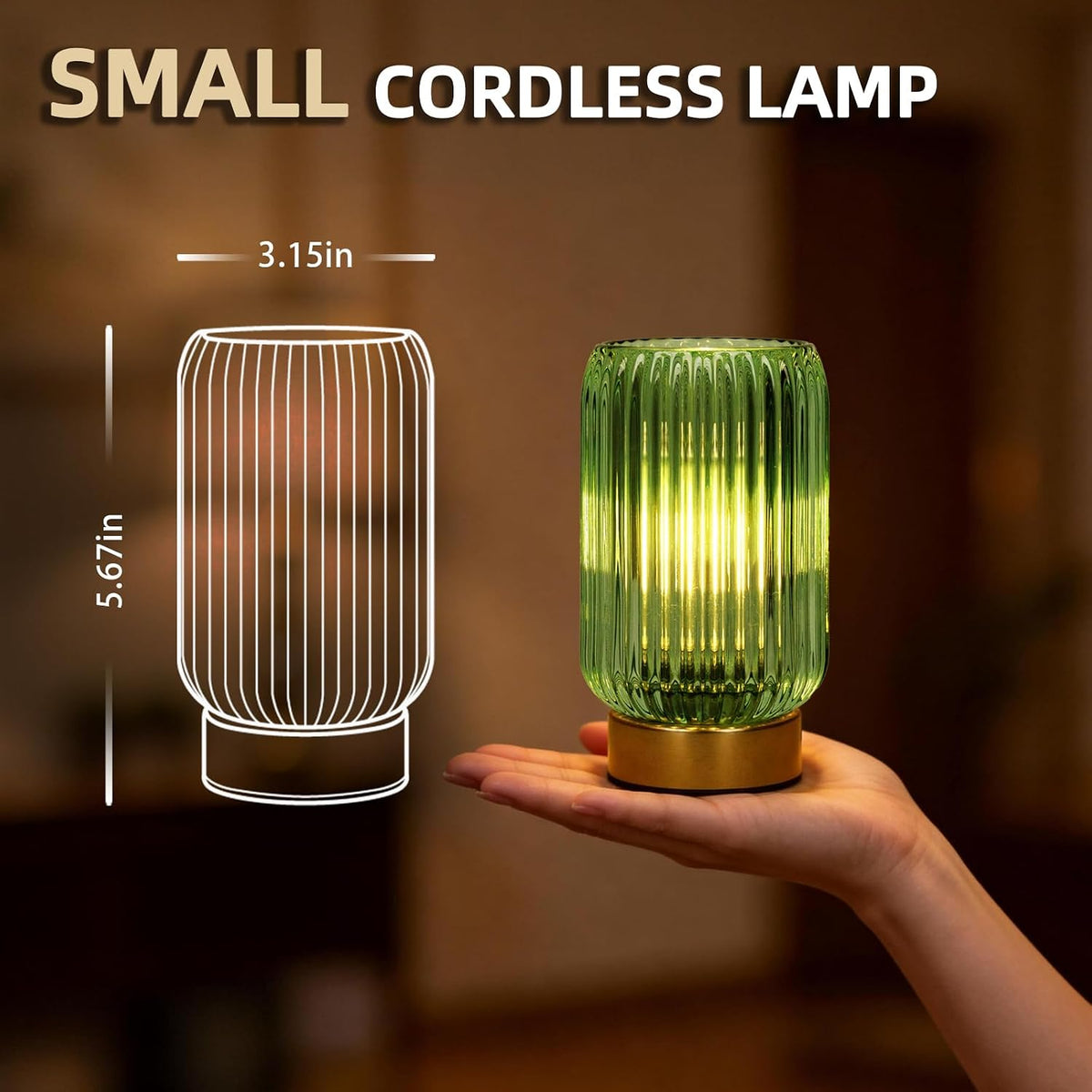 MJ PREMIER Battery Operated Lamp, Small Cordless Lamp with Timer, Green | Vertical Stripes Glass Lampshade, Small Table