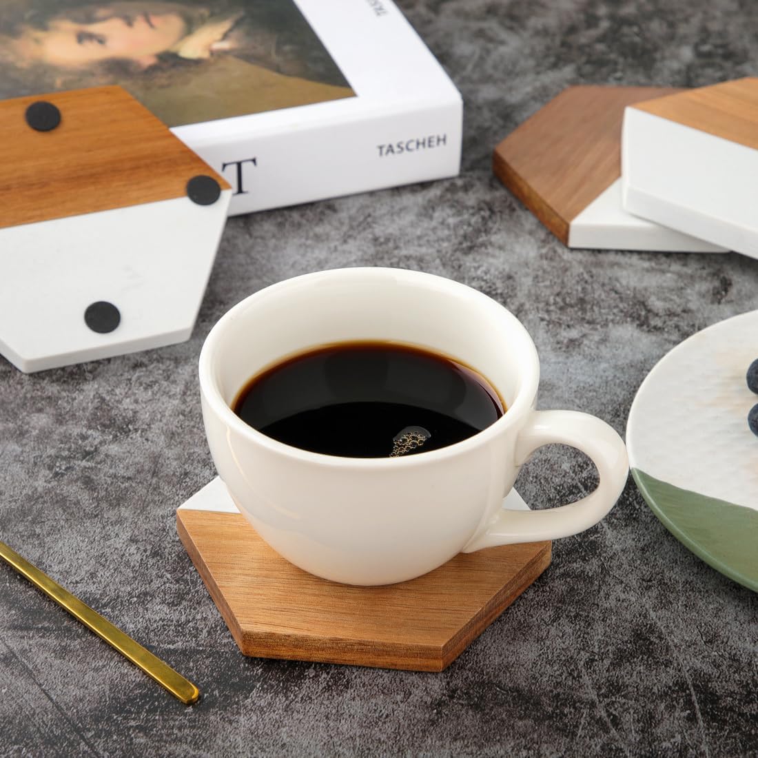 Modern Rustic Acacia Hexagon Coaster Set Decorative Bar Coaster / Hexagon White Marble + Wood