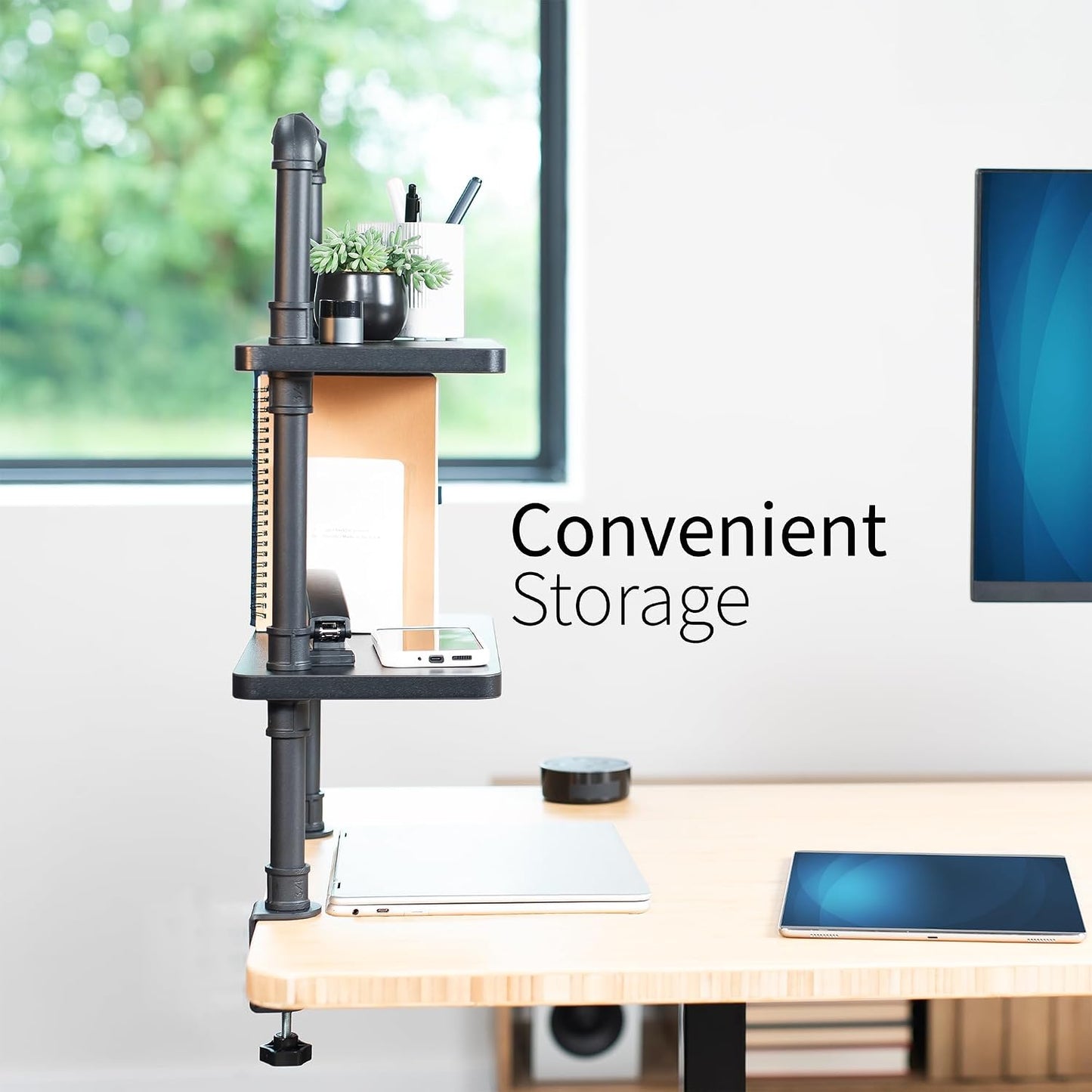 VIVO Clamp-on Premium 16 inch Industrial Pipe 2-Tier Tabletop Shelving, Heavy Duty Desk Extension Organizer, Modern