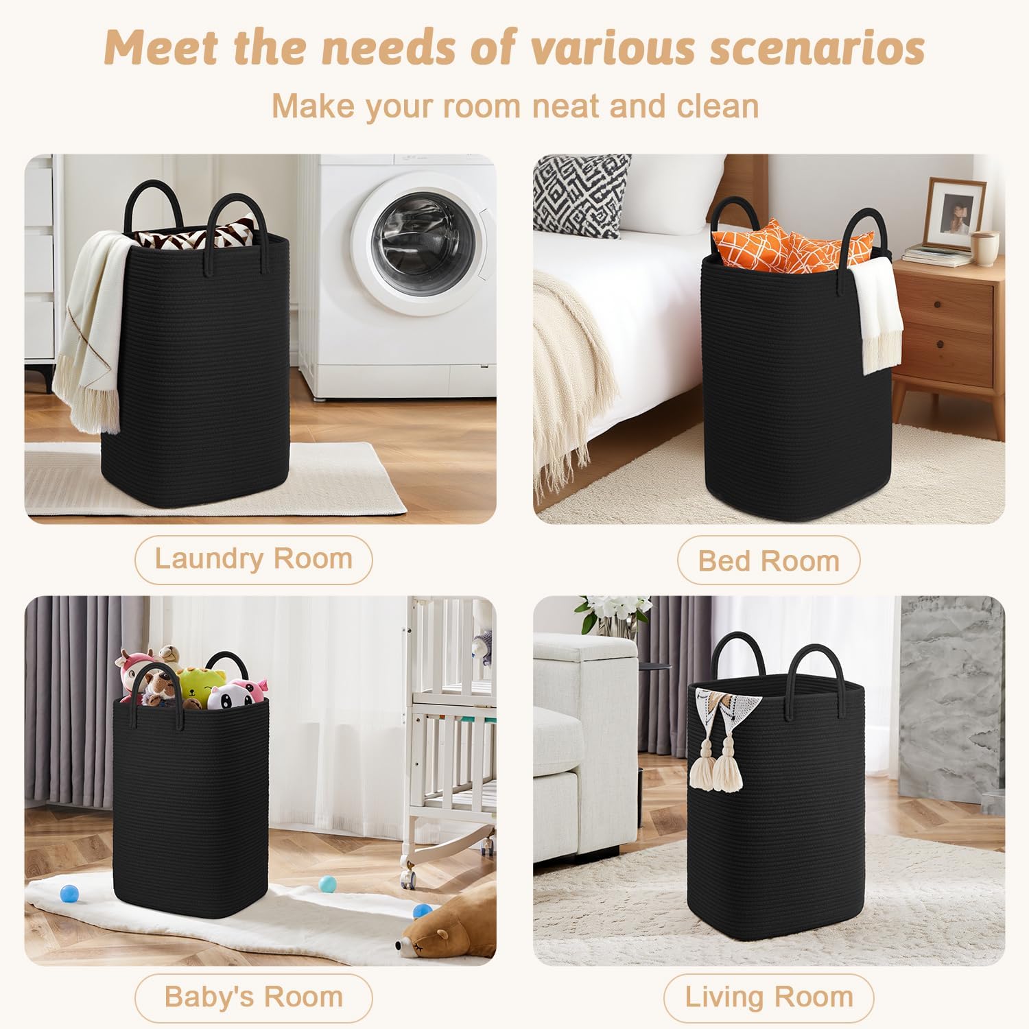 Laundry Basket / Woven Cotton Rope Laundry Hamper / 60L / Darkblack