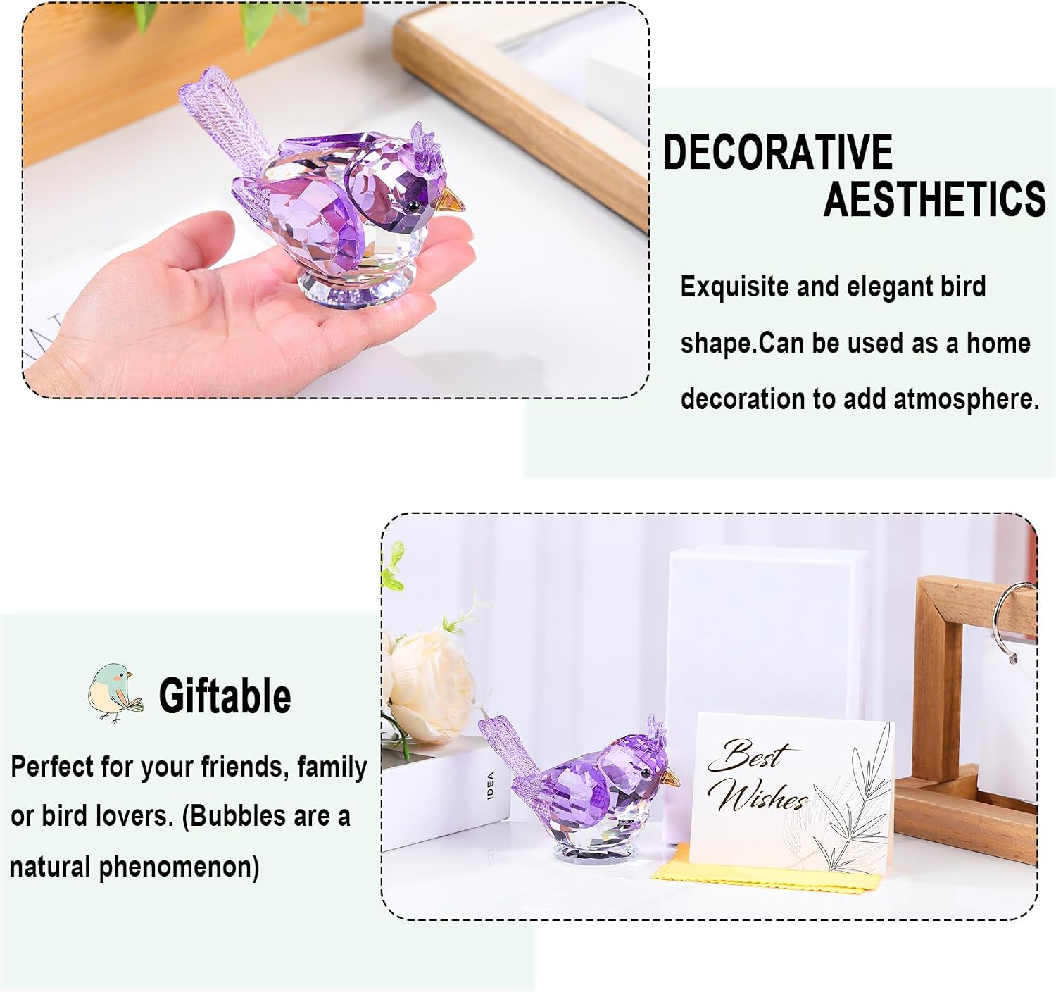Crystal Bird Figurine Gifts for Women Art Glass Birds Collectible Statue for Animal Lovers / Purple