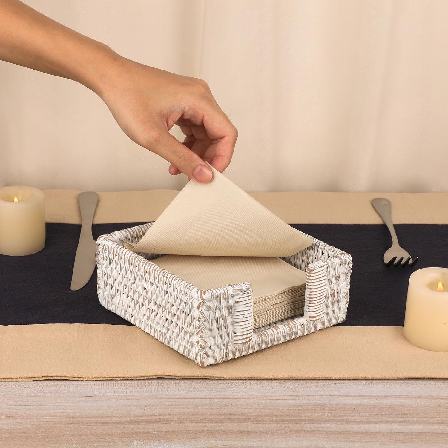 Wicker Rattan Napkin Dispenser Rustic Napkin Basket / Whitewash / 5.9 x 5.9 / Inch/cocktail