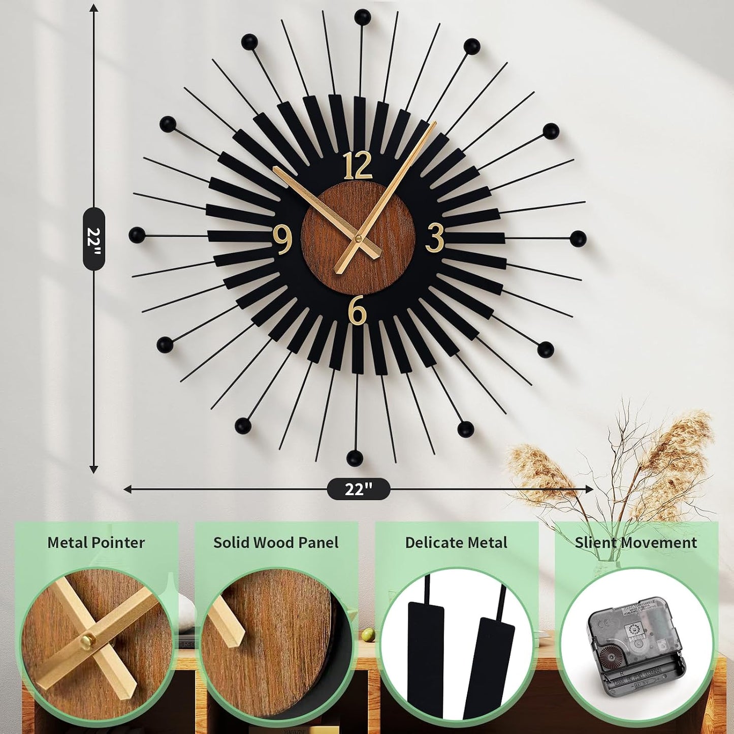 22 Inch Modern Sunburst Wall Clock Battery Operated Silent Quartz Movement | Black Metal Radiating Design with Walnut